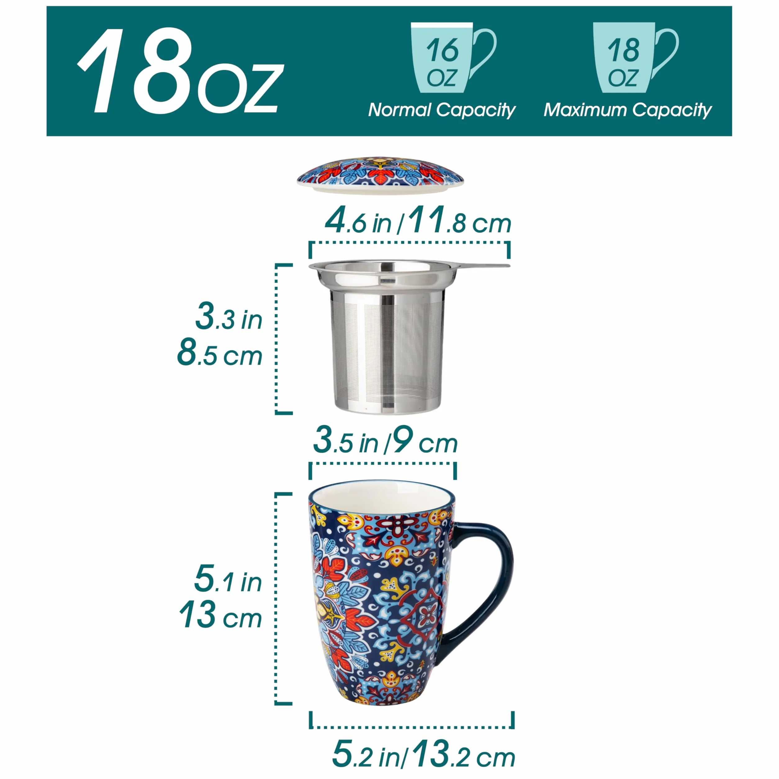 vancasso Filiżanka do herbaty z pokrywką i sitkiem, 540 ml, ceramiczna filiżanka do herbaty, duża, piękna filiżanka z sitkiem, na herbatę sypką, nadaje się do mycia w zmywarce i używania w kuchence