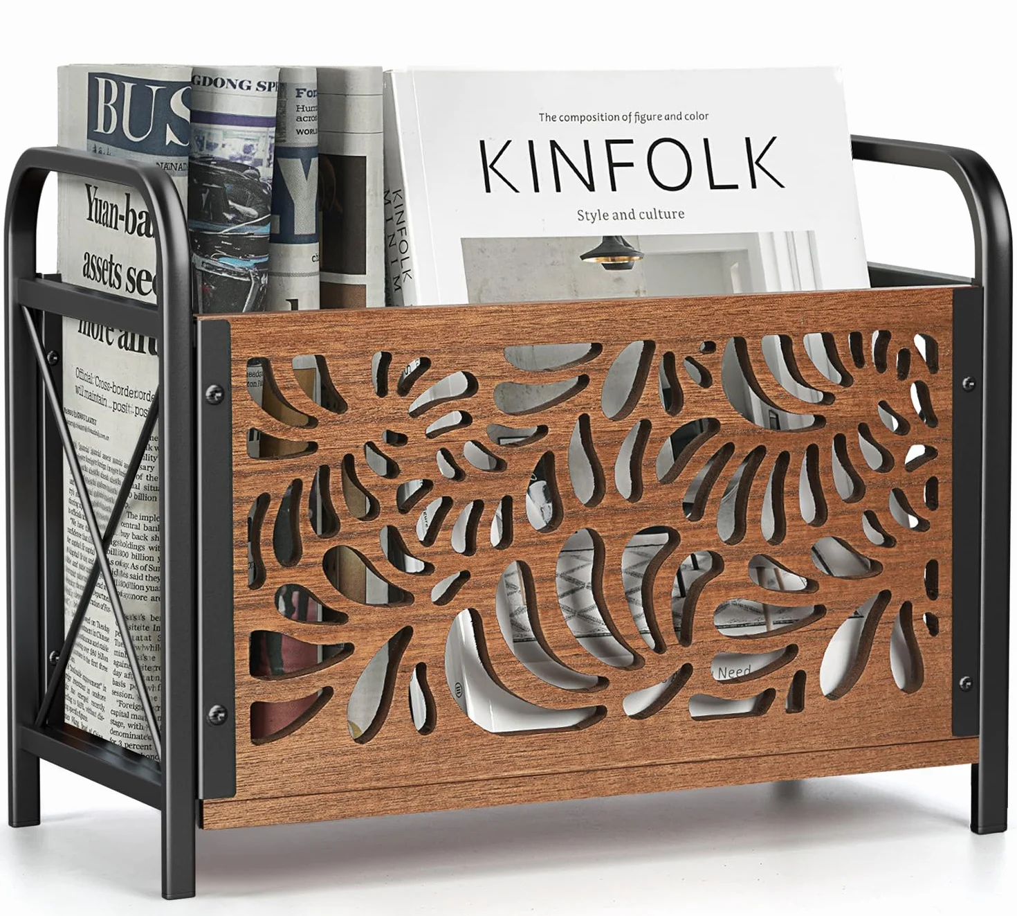 Stojak na gazety z drewna, nowoczesny stojak na czasopisma, elegancki wzór szkieletu, koszyk do przechowywania, organizer do magazynów, organizer do katalogów 33x26x17cm