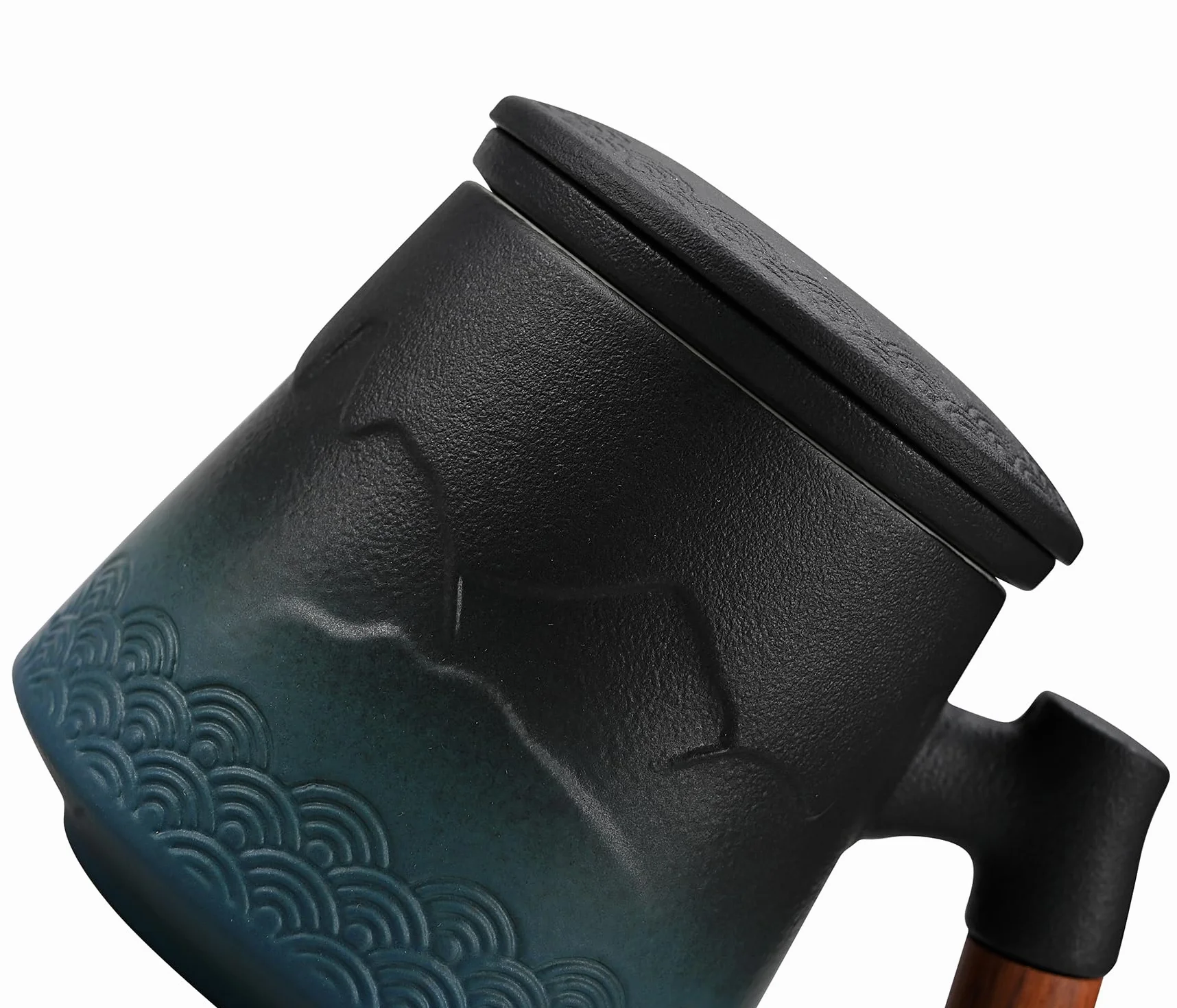 Filiżanka z zaparzaczem i pokrywką, kubek do herbaty stopniowej z zaparzaczem i drewnianym uchwytem, ceramiczny kubek do kawy z pokrywką herbata 430 ml / 15 uncji (gradient niebieski)