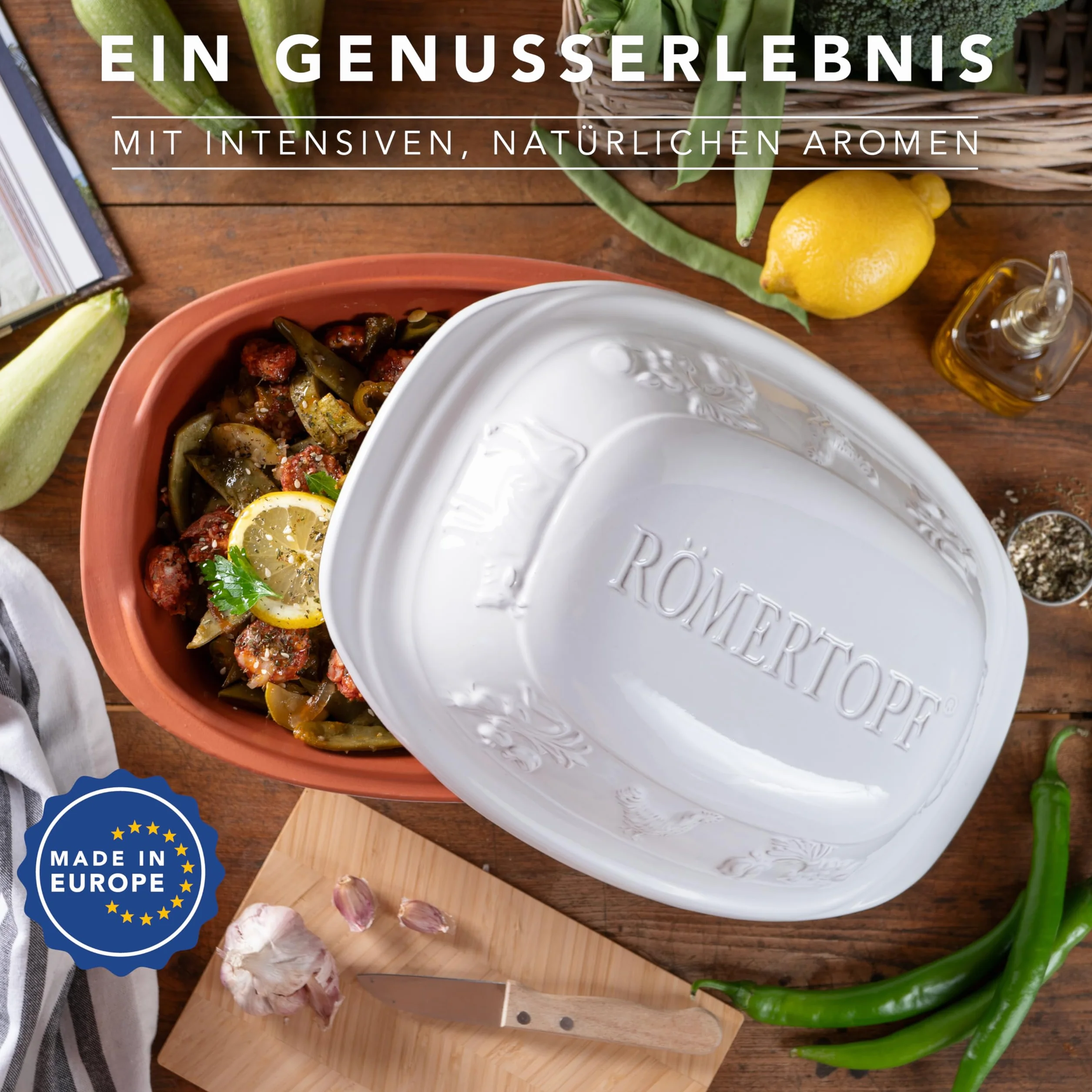 Römertopf garnek do pieczenia RUSTICO dla 4 osób – 3 litrowy garnek do duszenia z pokrywką z ceramiki – do duszenia, smażenia i gotowania na parze – nadaje się do piekarnika