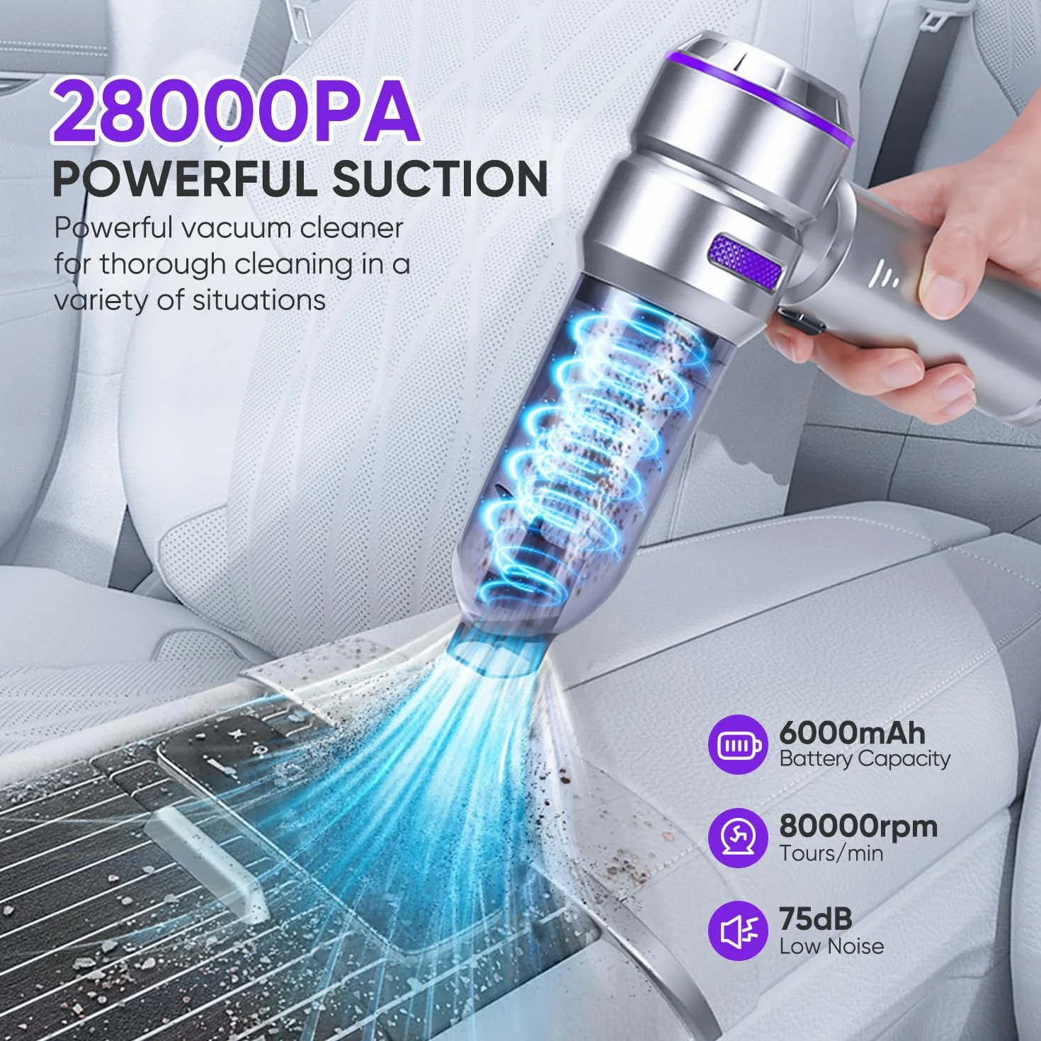 Bezprzewodowy Odkurzacz Ręczny, 26000PA Odkurzacz Samochodowy Ładowanie USB, 3 Poziomy + 4 Zmywalny Filtr i Akcesoria mini bezprzewodowy odkurzacz Przenośny Do Samochodu, Domu (srebrno-fioletowy)