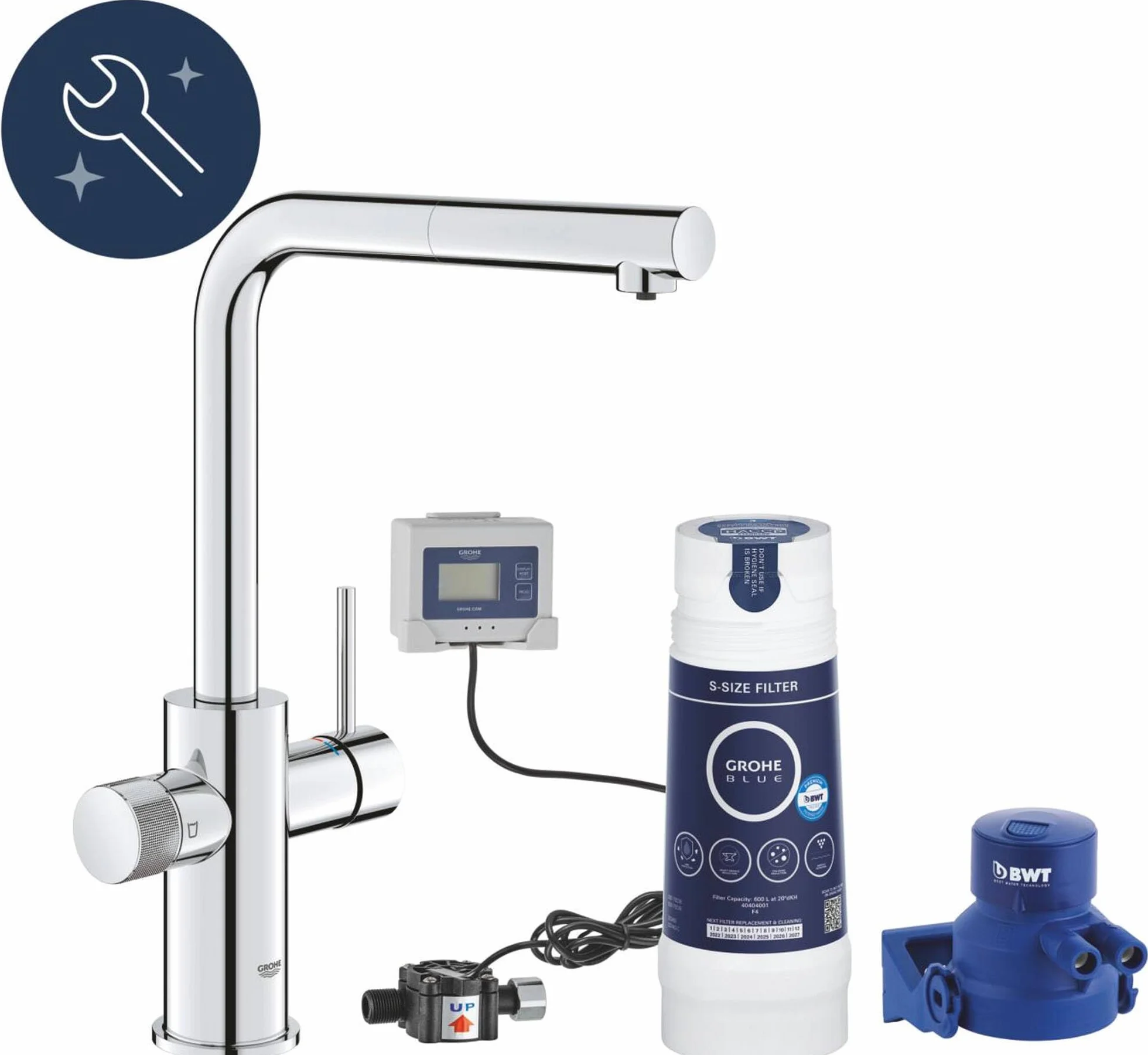 Grohe Blue Pure Minta, bateria do zlewu kuchennego, wyciągana, z 5-stopniowym filtrem, rozmiar S i liczniki, chrom