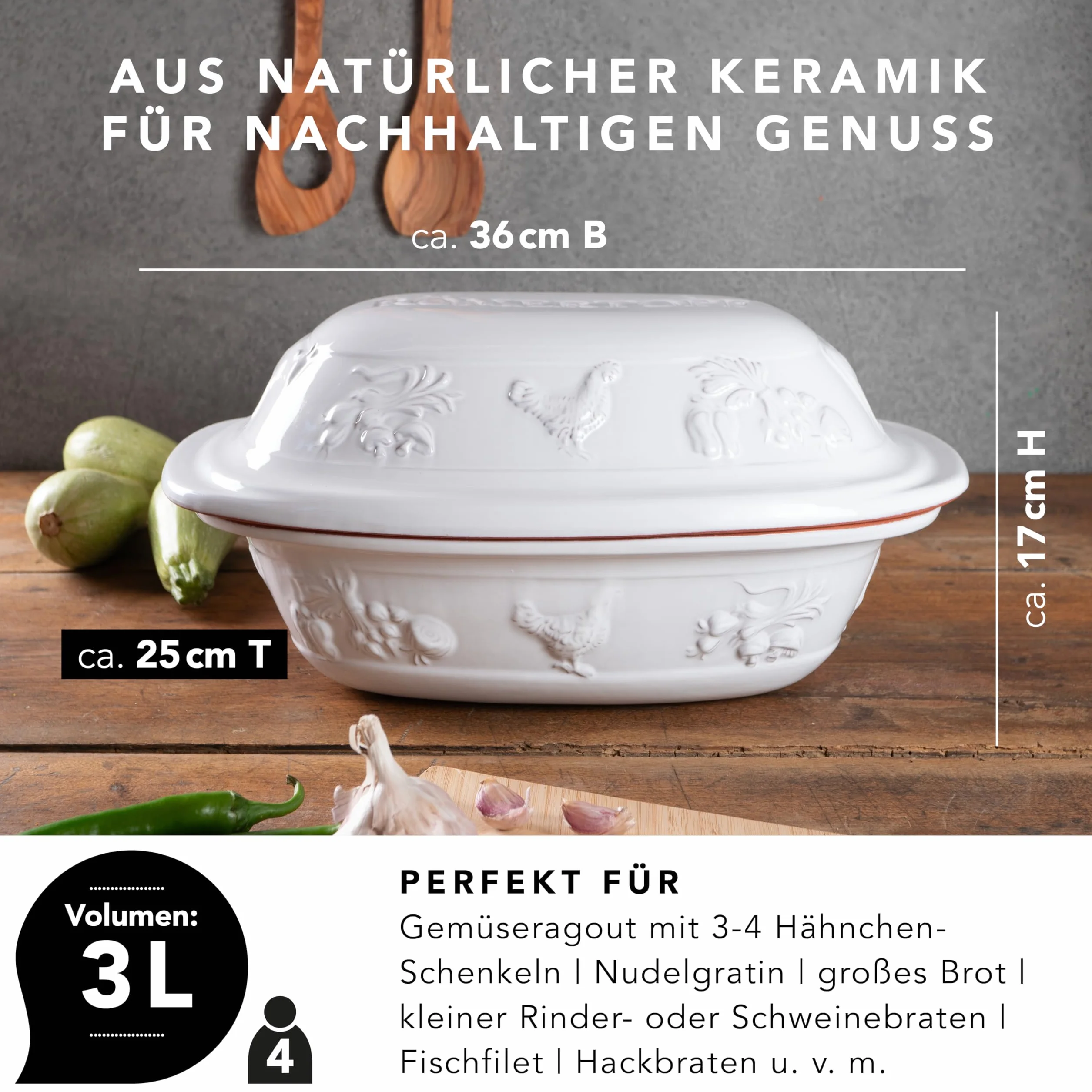 Römertopf garnek do pieczenia RUSTICO dla 4 osób – 3 litrowy garnek do duszenia z pokrywką z ceramiki – do duszenia, smażenia i gotowania na parze – nadaje się do piekarnika