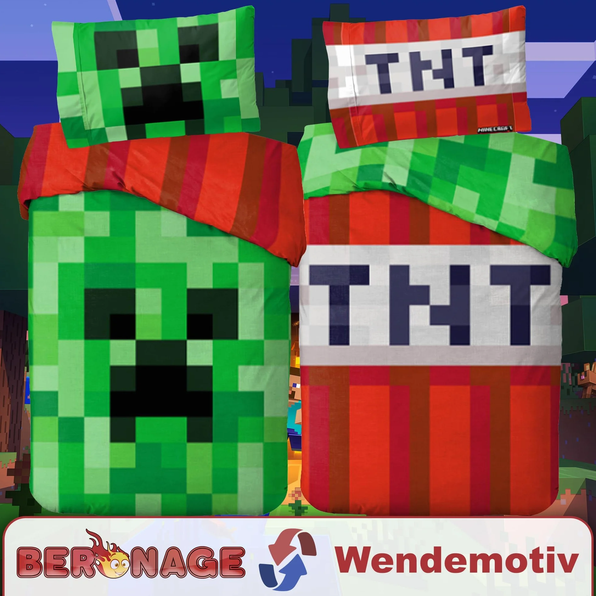 BERONAGE Dwustronna pościel z linii Minecraft Creeper TNT; 135 x 200 cm + 80 x 80 cm; 100% bawełna; jakość Renforcé; linon; pościel dla dzieci; motywy Crafting, Zombie, Enderman, Enderdrache, Szkielet