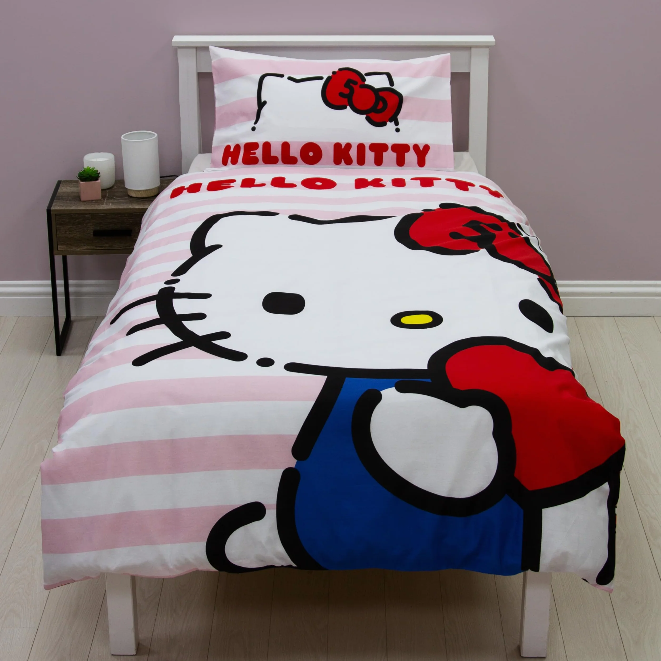 Hello Kitty oficjalnie licencjonowany zestaw poszewek na kołdrę Hello Design, dwustronna dwustronna pościel dla kota z pasującą poszewką na poduszkę, idealna do sypialni dziecięcej, bawełna