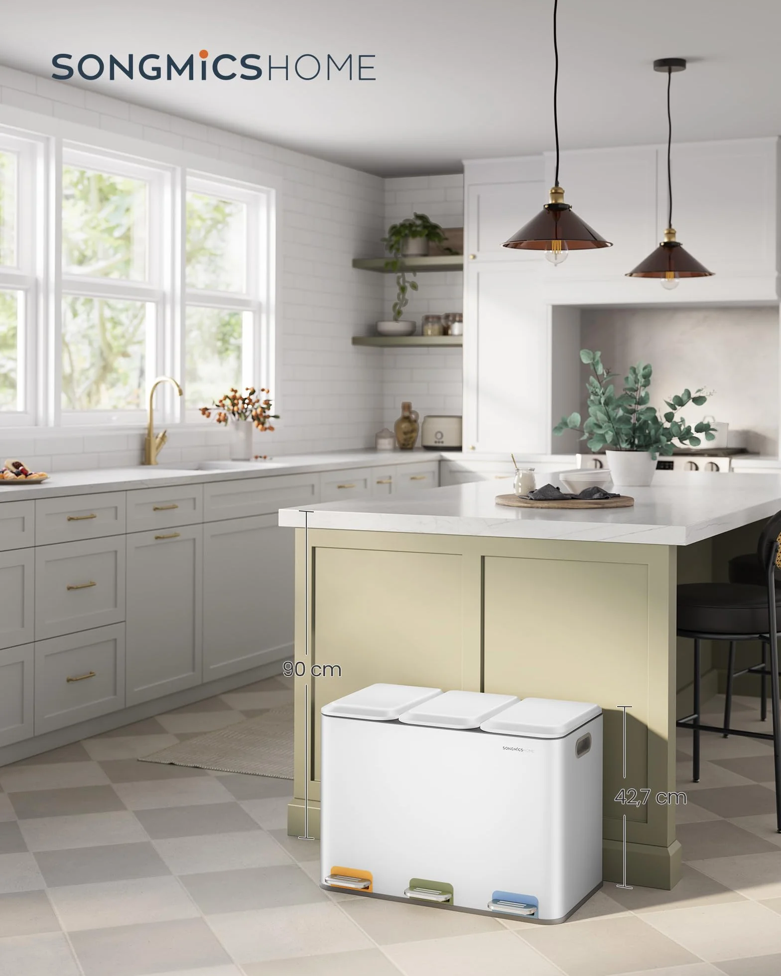 SONGMICS HOME Potrójny kosz kuchenny, 15 l, z kolorowymi pedałami, systemem oddzielania odpadów, pokrywkami i wewnętrznymi wiaderkami, stal, Cloud White LTB740W02V1