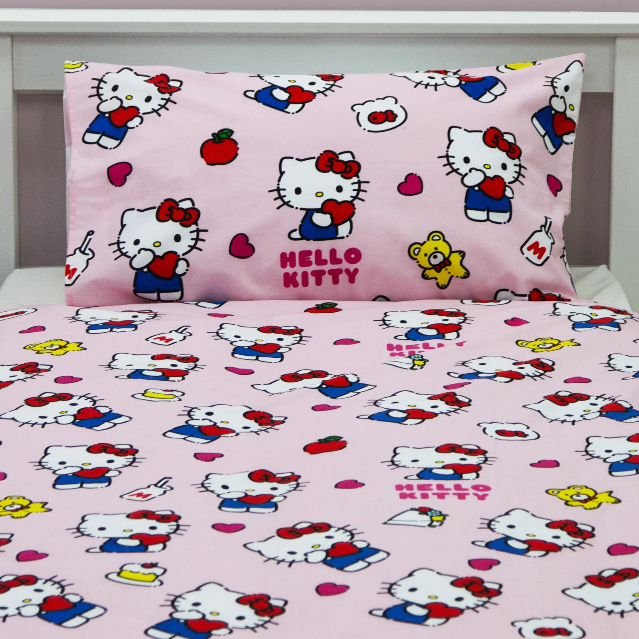 Hello Kitty oficjalnie licencjonowany zestaw poszewek na kołdrę Hello Design, dwustronna dwustronna pościel dla kota z pasującą poszewką na poduszkę, idealna do sypialni dziecięcej, bawełna