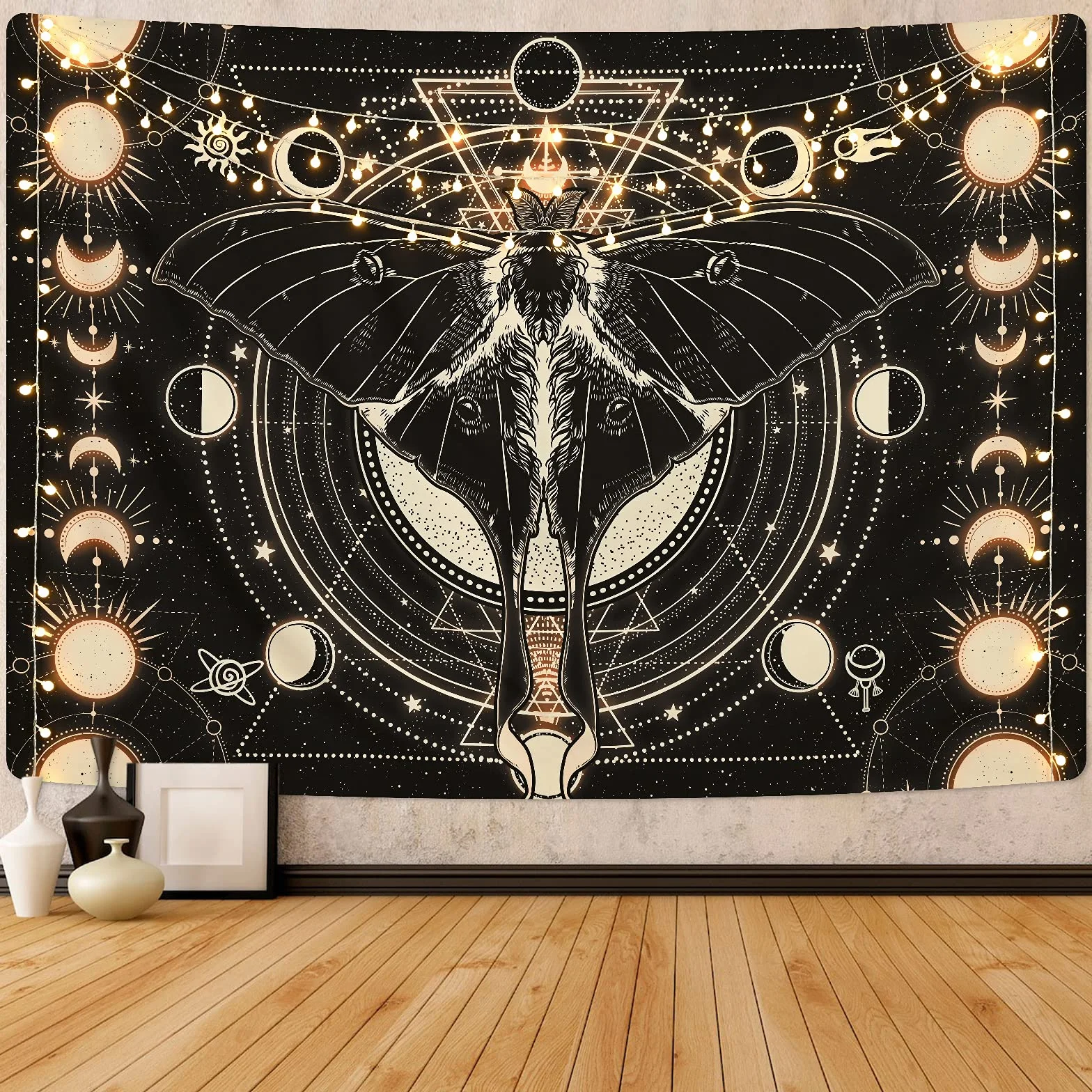 Yrendenge Mote, ozdoba na ścianę, czarna, słońce, księżyc, dekoracja ścienna do sypialni, 150 x 130 cm