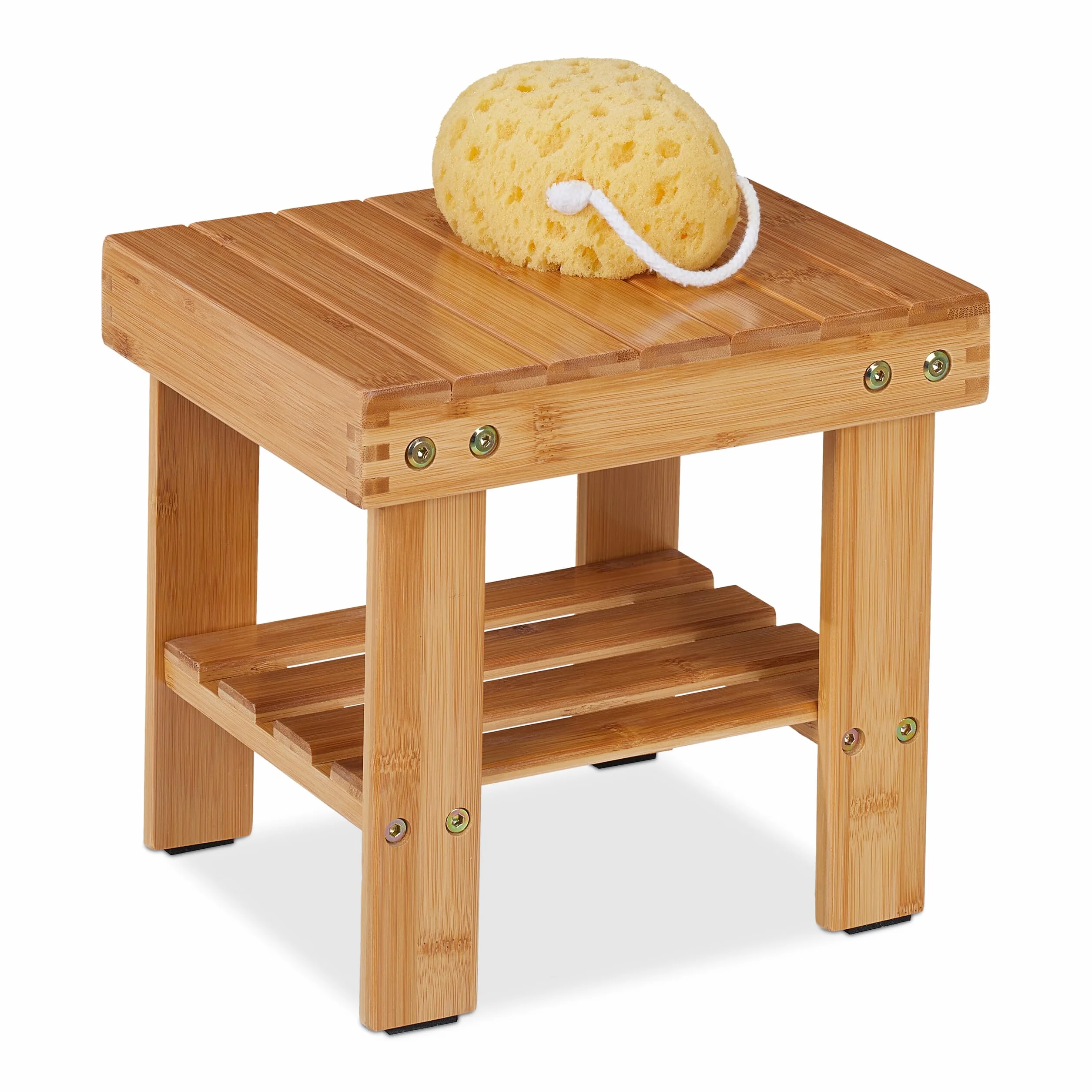 Relaxdays Taboret łazienkowy z bambusa, taboret do siedzenia z dodatkową półką, wys. x szer. x gł.: 26 x 27 x 22,5 cm, miejsce do przechowywania przedpokoju i łazienki, kolor naturalny