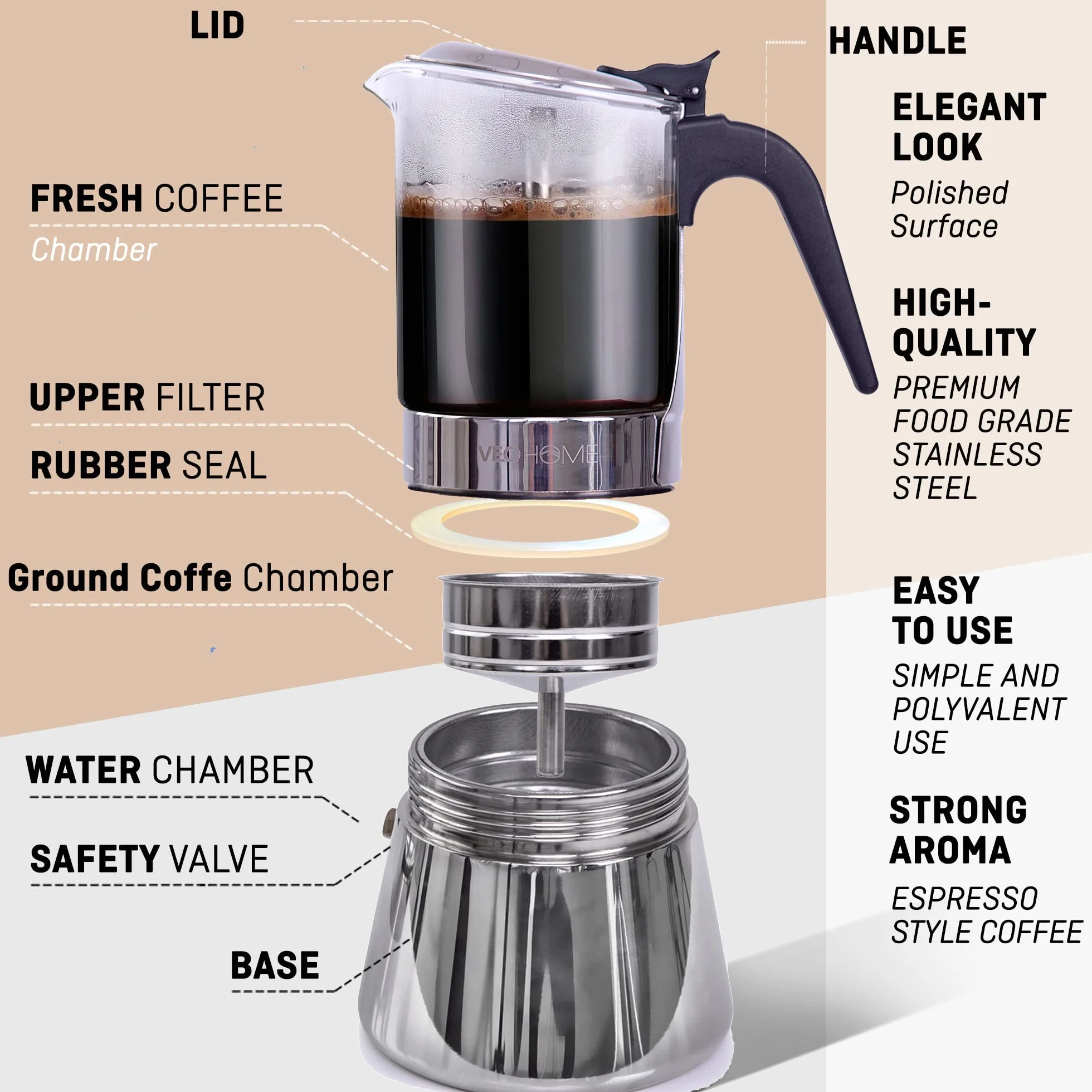 VeoHome Włoski ekspres do kawy ze szkła i stali nierdzewnej 360 ml, ekspres do kawy Moka do kuchenki indukcyjnej, gazowej, ceramicznej, styl espresso, 7 filiżanek, bezpieczny, można myć w zmywarce