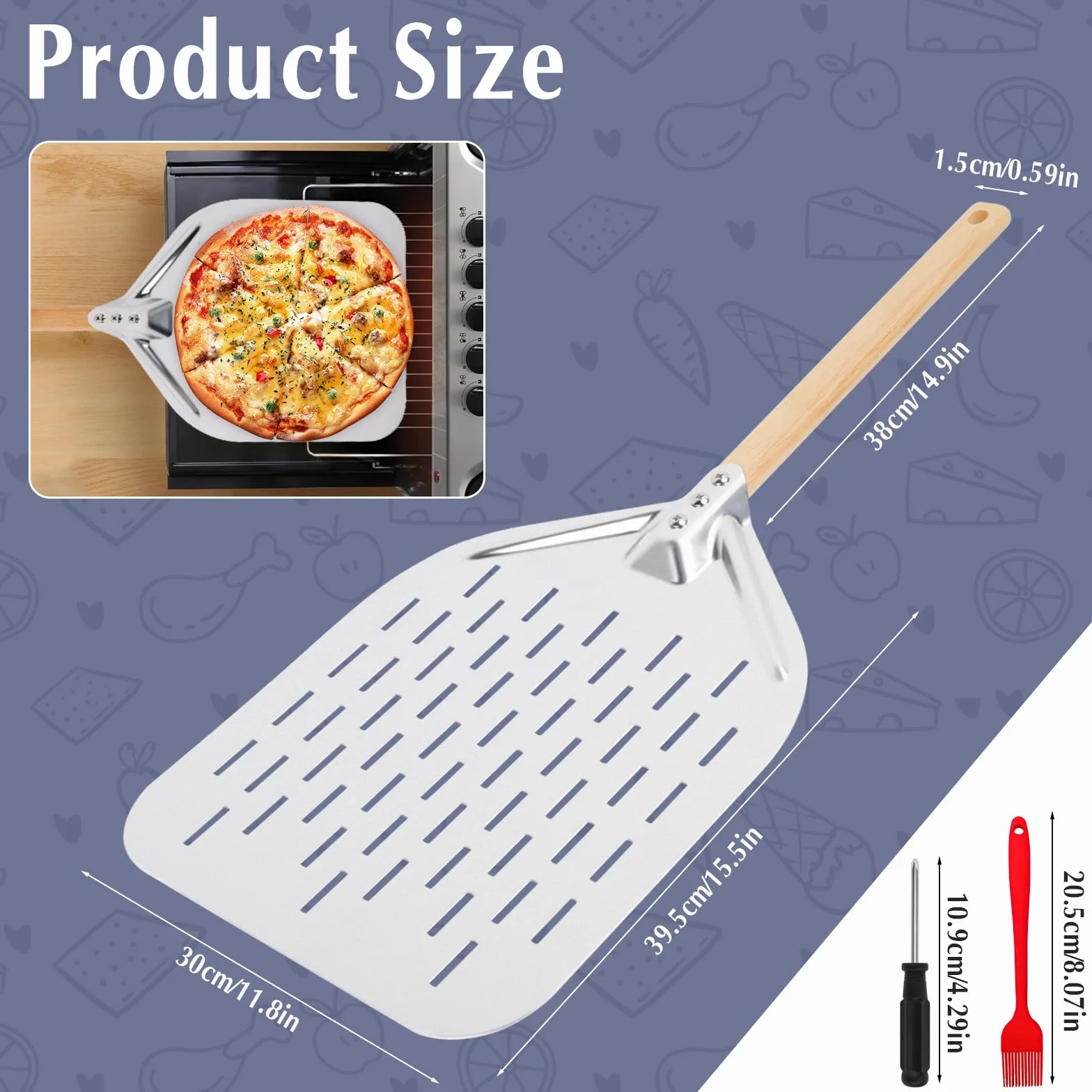 Perforowana łopata do pizzy, łopata do pizzy 39,5 x 30 cm z drewnianą rączką i 1 szczotką do oleju, profesjonalna aluminiowa perforowana skrobaczka do pizzy do domowego wypieku pizzy (czarna, 12 cali)