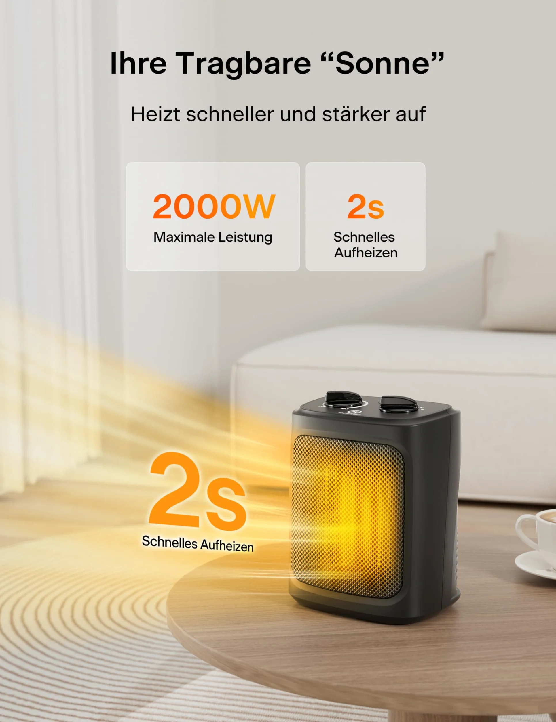 PELONIS Mini termowentylator elektryczny 2000 W, z dwoma poziomami grzania i wentylatorem, ceramiczny grzejnik stołowy do łazienki, sypialni, grzejnik stołowy z regulacją temperatury