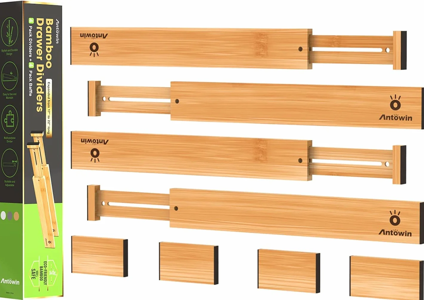 ANTOWIN Bambusowe Organizery do Szuflad, Przegródki, Długość 43-56 cm, Regulowany Organizer Sprężynowy na Przybory, Ubrania, Narzędzia