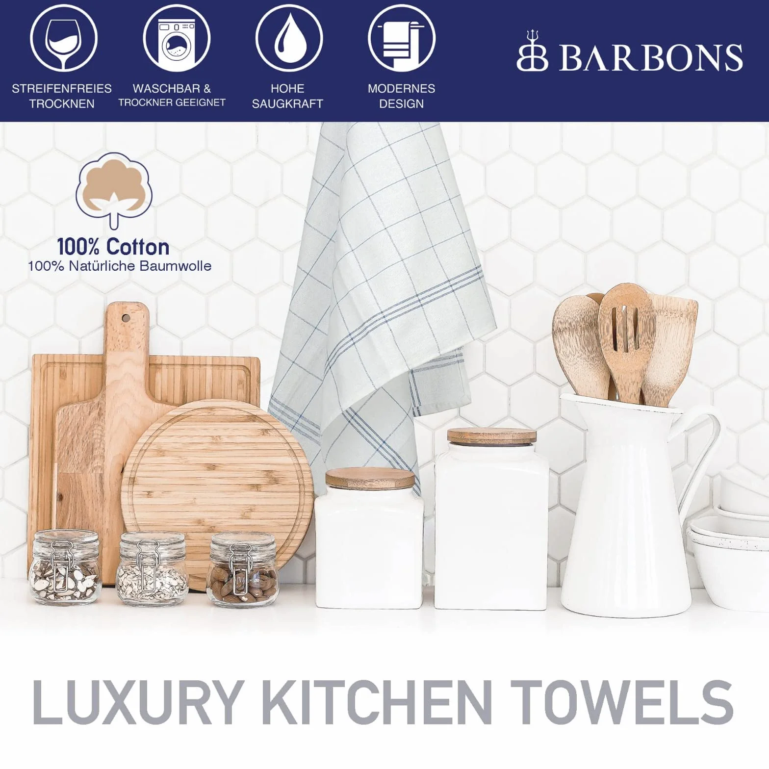 BARBONS Ścierki do naczyń zestaw 10 szt. – bawełna 50 x 70 cm – certyfikat Öko-Tex – zestawy tekstyliów kuchennych, suchych ręczników kuchennych, do naczyń, nadają się do prania w temperaturze do 90°C