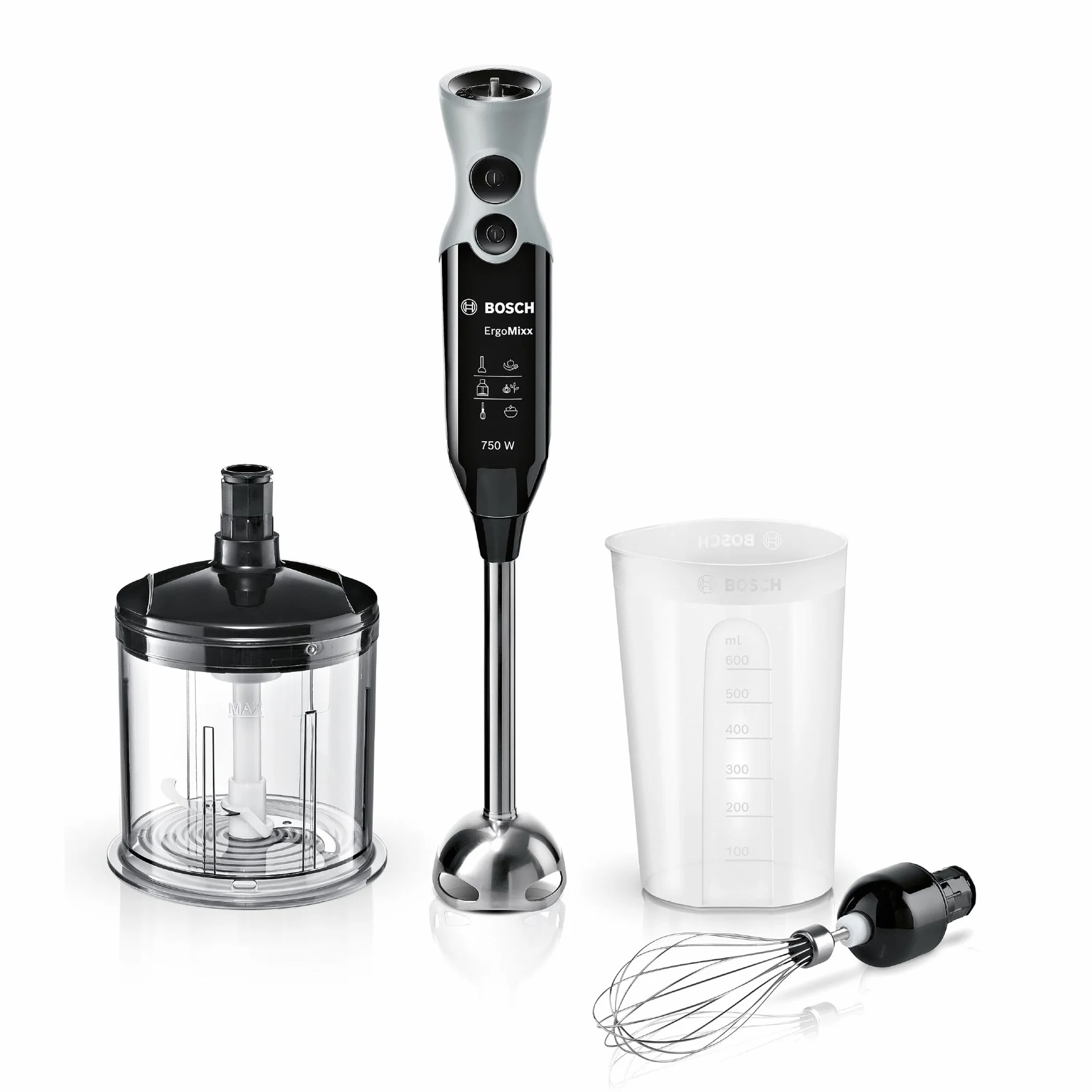 Bosch, blender ręczny, ErgoMixx, silnik 750 W, 12 prędkości i funkcja turbo, rozdrabniacz, trzepaczka i pojemnik, czarny, MSM67160