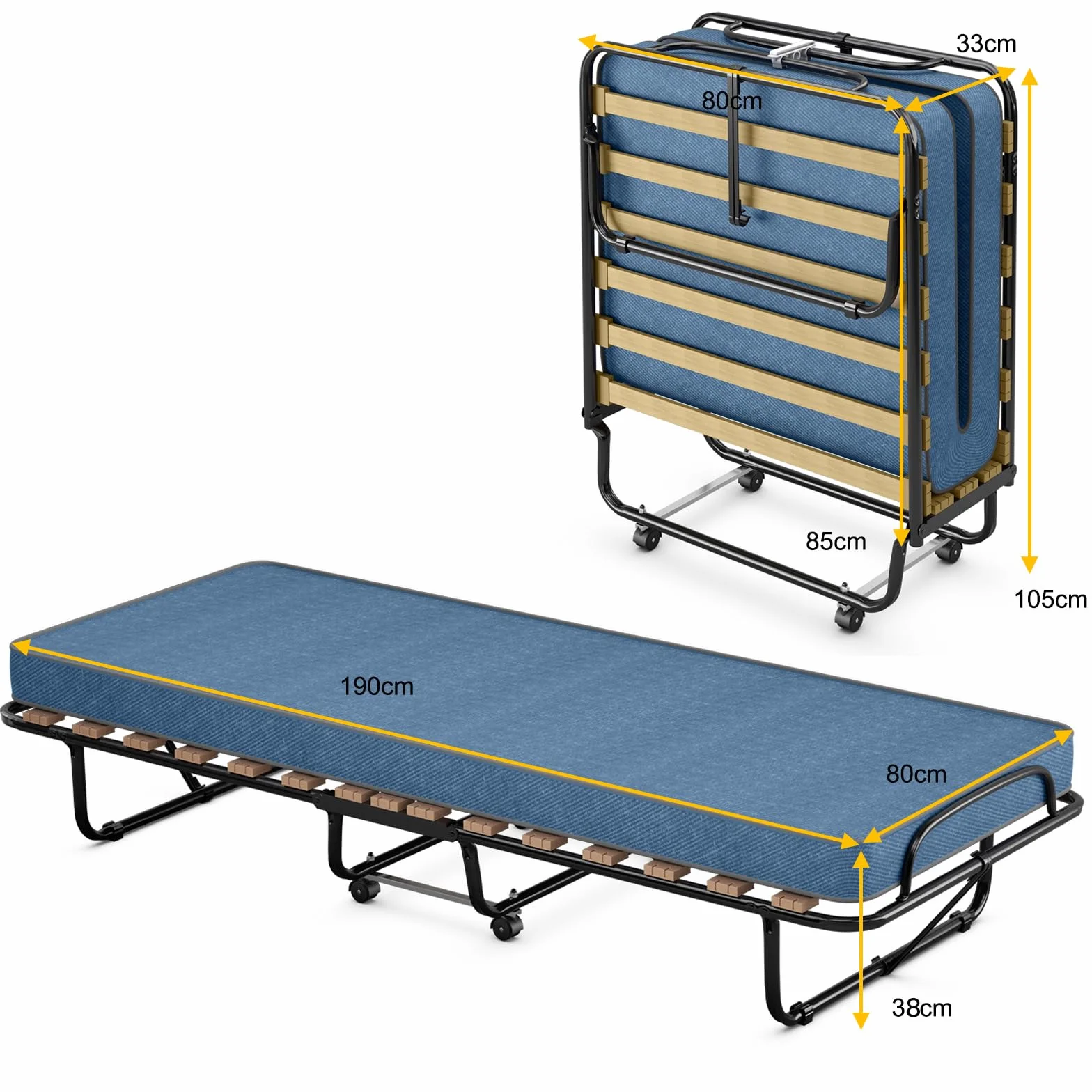 COSTWAY Łóżko dla gości 80 x 190 cm z materacem z pianki memory, składane łóżko pojedyncze, stabilne metalowe łóżko do 130 kg, na kółkach, do biura, pokoju gościnnego, łóżko przenośne (niebieskie)