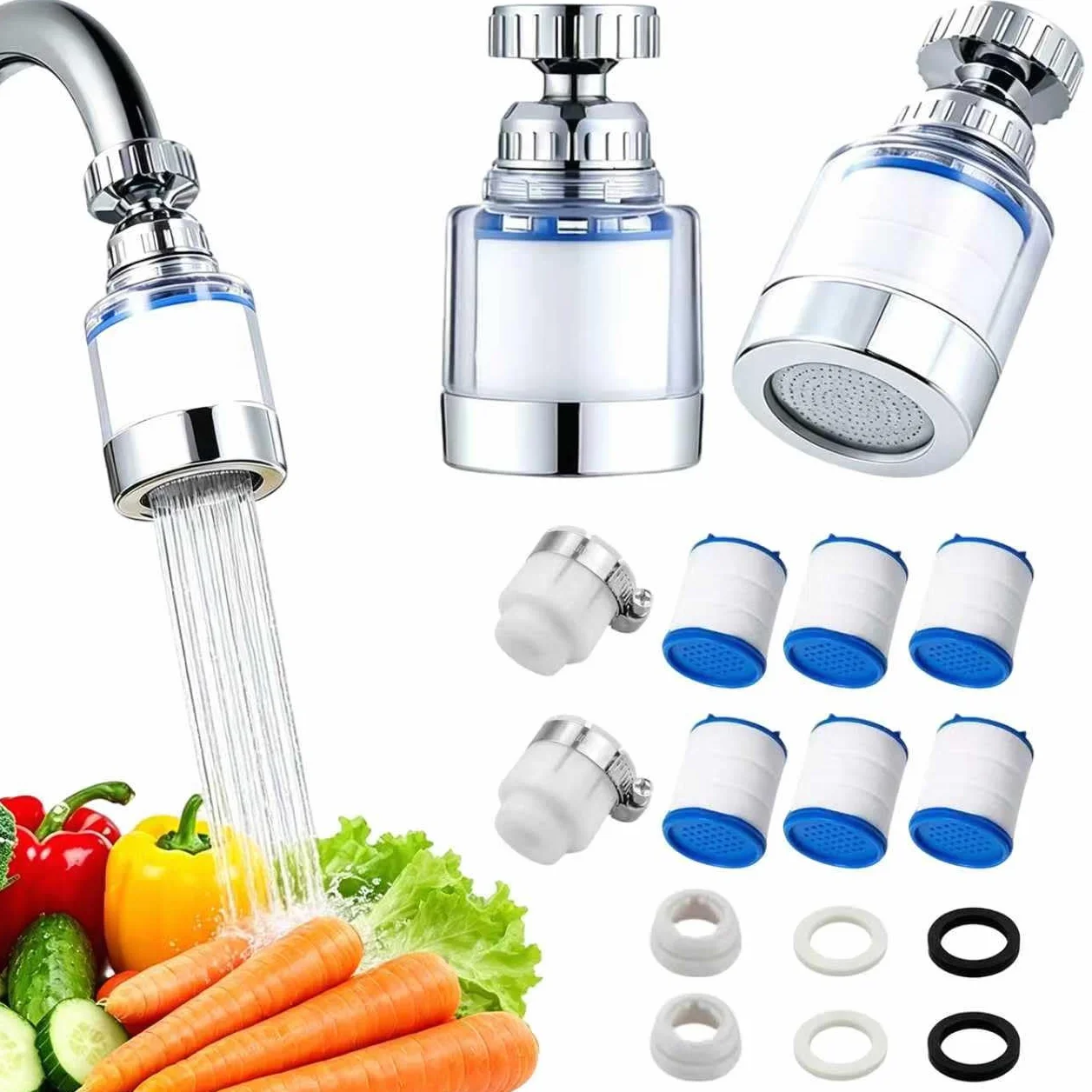 2 sztuki filtrów do wody, kran, filtr 360°, 6 sztuk bawełnianego elementu filtrującego PP i uniwersalnym adapterem, filtr do kranu do domu, kuchni, łazienki, umywalki