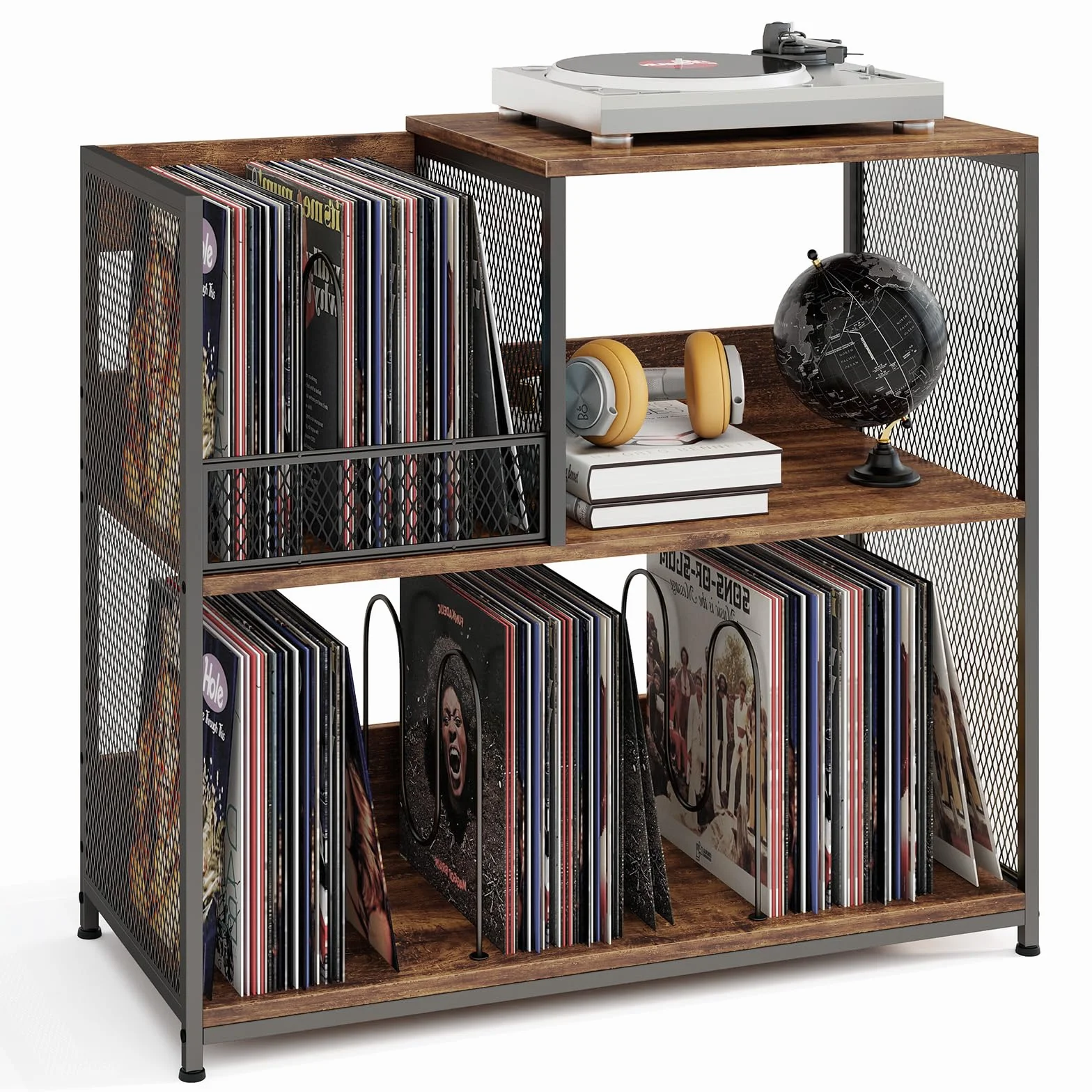 GIANTEX 3-poziomowy stojak na gramofony, stojak na płyty winylowe na 300 albumów, 3 wyjmowane przegrody, organizer na albumy, metalowa rama, regał regałowy do salonu, studia, biura