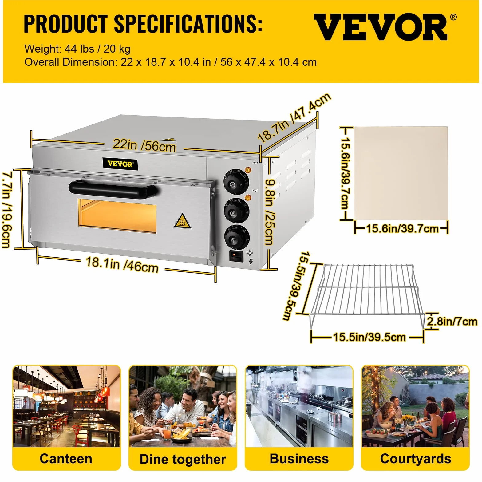 VEVOR Elektryczny piec do pizzy na desery, mięso, ryby, jednokomorowy 2000W, oświetlenie wewnętrzne, piekarnik elektryczny z regulacją temperatury 50-350 ℃ Kamień do pizzy o średnicy 14 cali, Srebrny