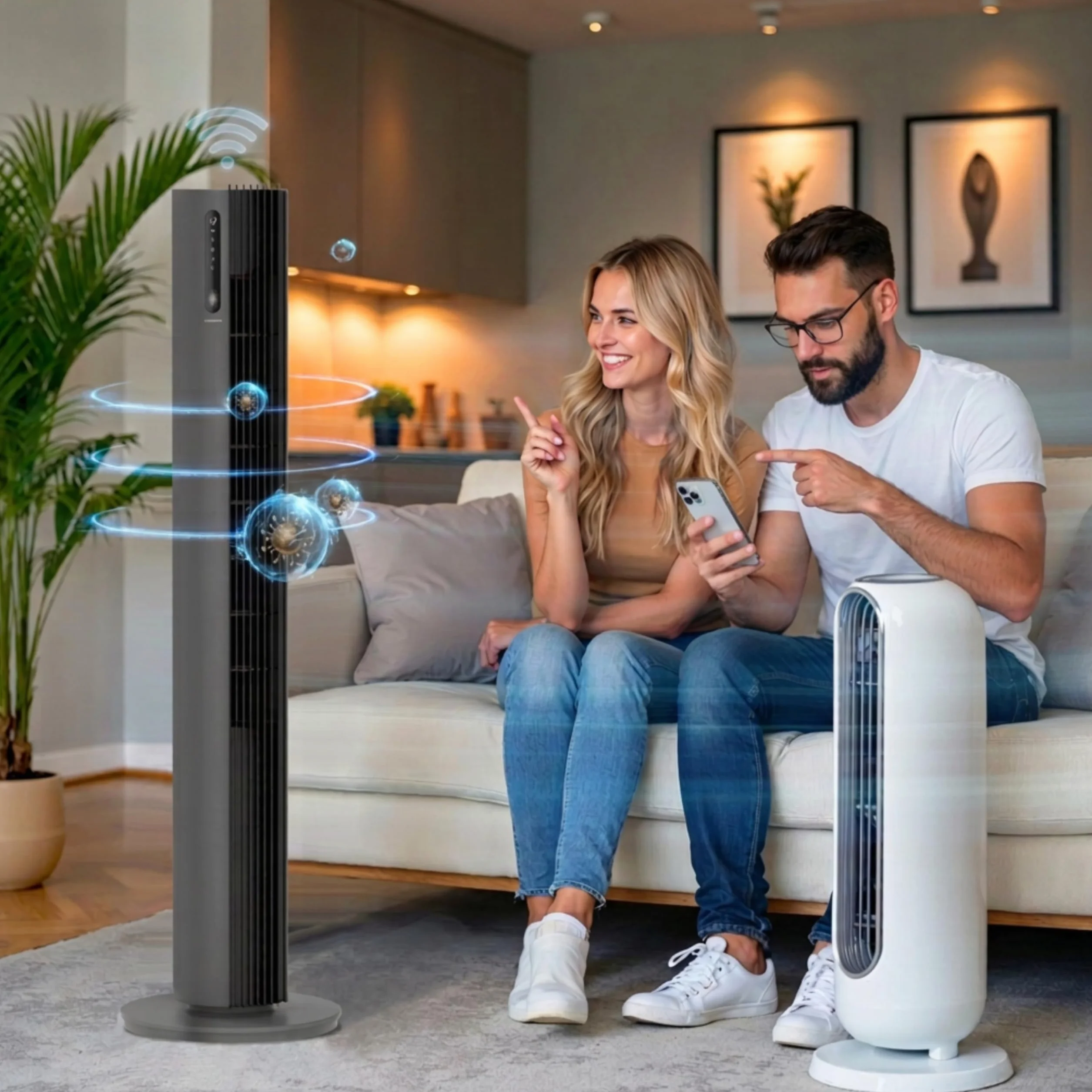 Wentylator kolumnowy 110cm PURE Jonizacja Plazmowa WiFi Tuya Smart Life, 12 prędkości, 30W, Timer 12h, Bardzo cichy wiatrak stojący z pilotem, Tower Fan, Nowoczesny klimatyzer wieżowy, Szary