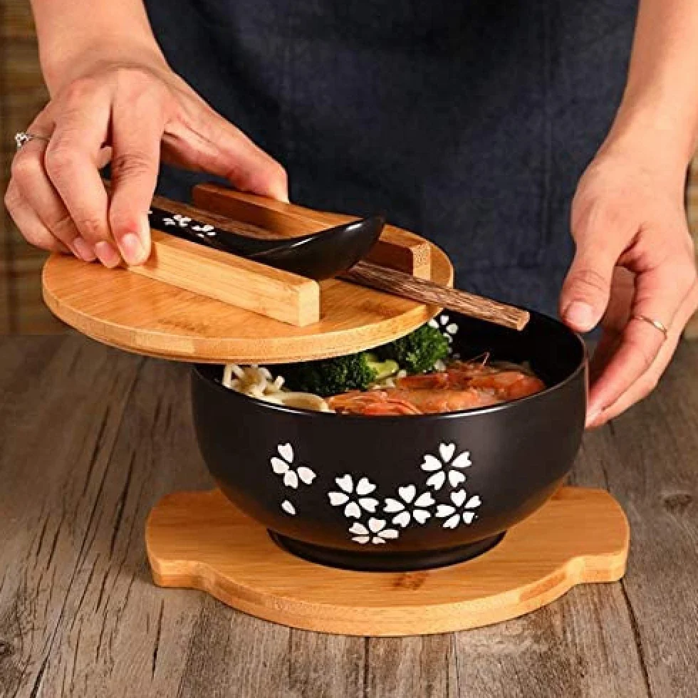 1000 ml ceramiczna miska na makaron z łyżeczką, miska z podkładką z pokrywką, miska na błyskawiczny makaron, miska na zupę koreańską, miska na ryż, zestaw sztućców