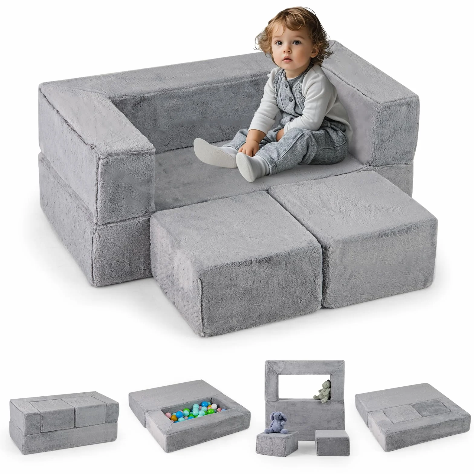COSTWAY Modułowa sofa dziecięca, sofa do zabawy z pianki ze zdejmowanym pluszowym pokrowcem, rozkładana sofa modułowa dla chłopców i dziewczynek, fotel dziecięcy do pokoju zabaw, sypialni, pokoju