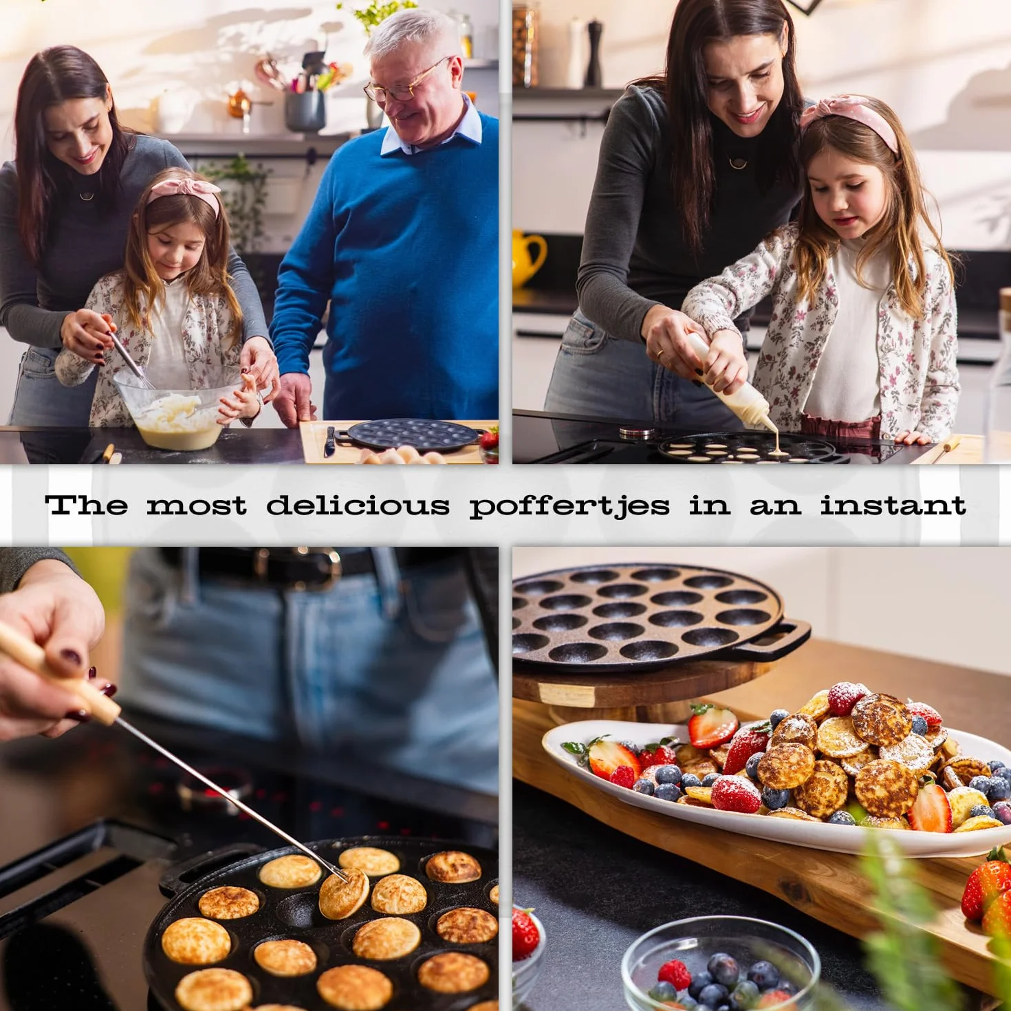 IRONO Patelnia do Poffertjes - Urządzenie do Poffertjes - 19 Mini Naleśników - Poffertjes Patelnia - Poffertjes Recipe - Żeliwna Patelnia - Zawiera Pędzel do Masła, Widelec, Butelka na Ciasto