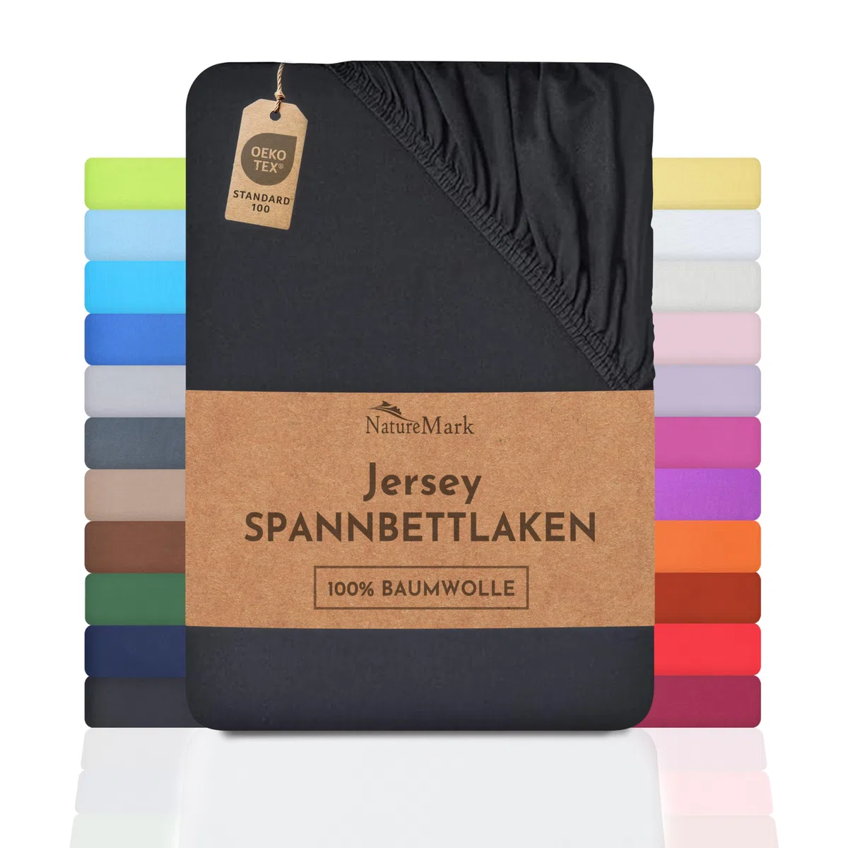 NatureMark Prześcieradło dżersejowe z gumką, 100% bawełna, w wielu rozmiarach i kolorach, markowa jakość, Öko-Tex Standard 100 (180x200-200x200 cm, Czarny)