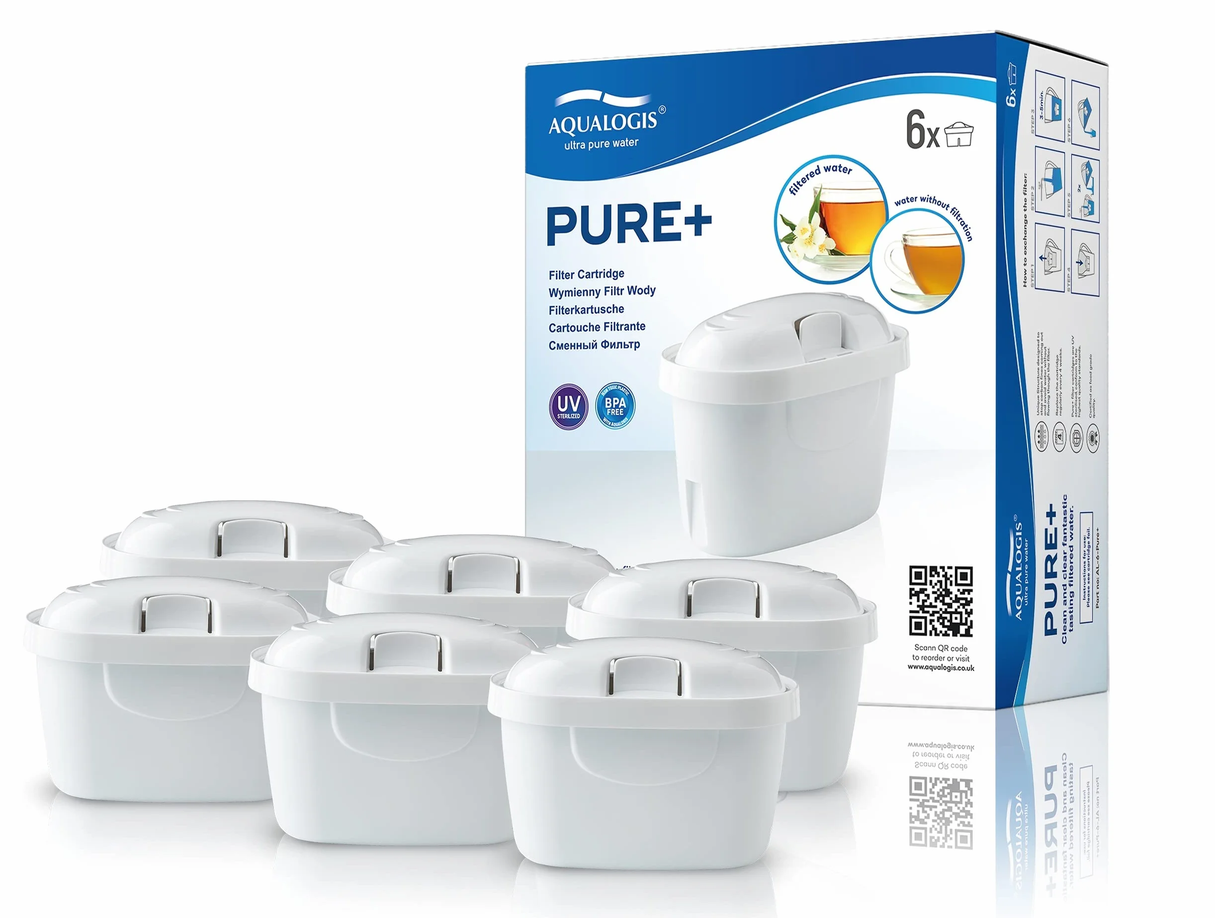 Aqualogis Pure+ Filtr wody kompatybilny z BRITA Maxtra & Maxtra+ Plus do dzbanków Harmony, Style, Elemaris, Marella, Tassimo (6 sztuk)