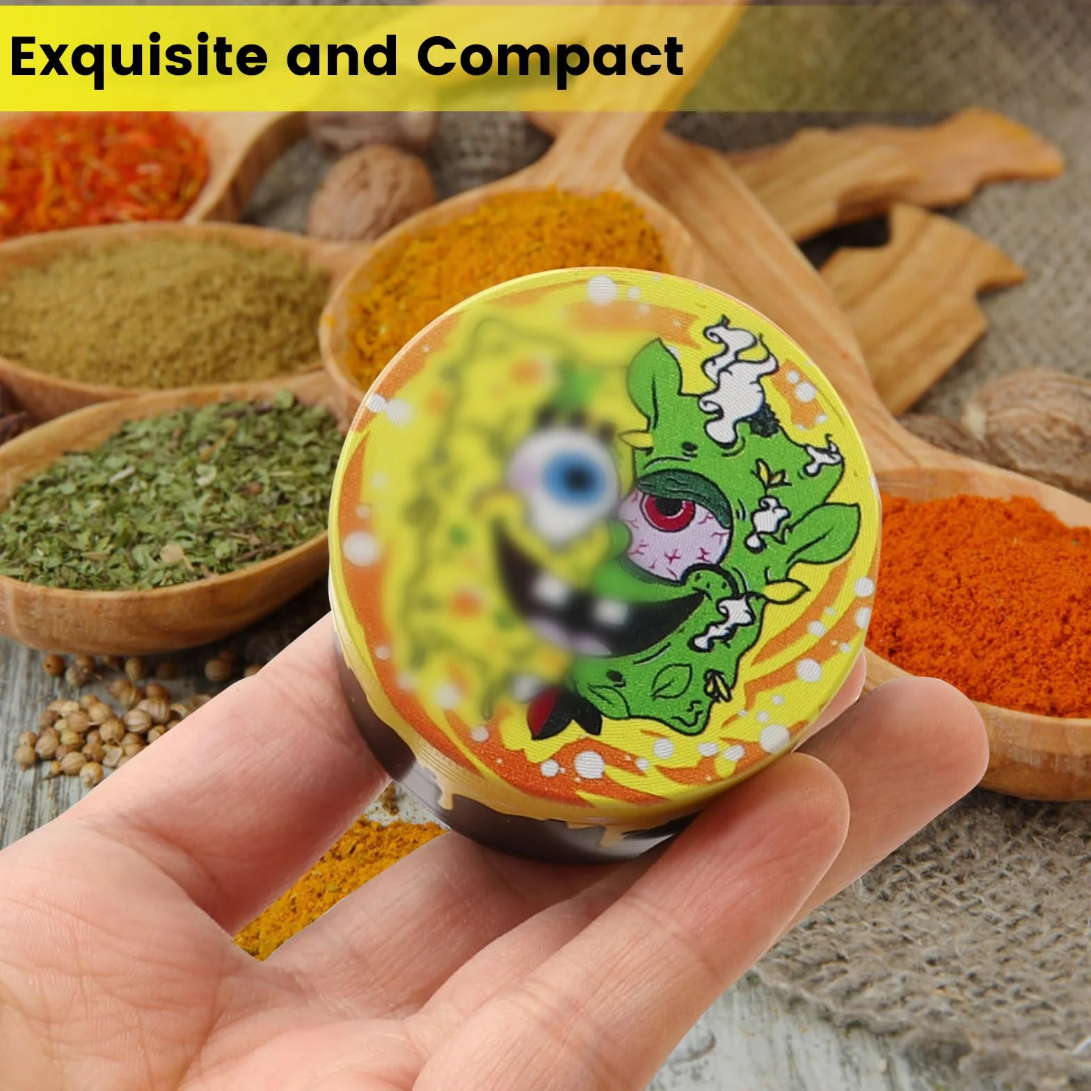 Grinder duża kruszarka 63 mm młynek do przypraw ze skrobakiem i plastikową szczotką szlifierki 4 warstwy żółty design kreskówka młynek do pyłków metal 4-częściowy zestaw do przypraw