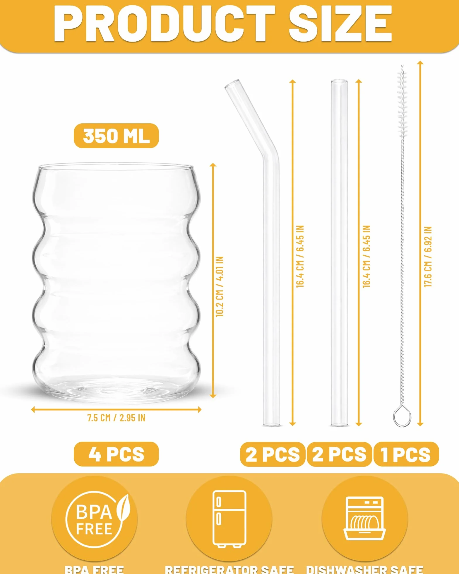 Zestaw 4 szklanek 350 ml z falistym wzorem i szklanymi słomkami – Bubble Glassy do koktajli, kawy mrożonej, wody i napojów gazowanych, z dołączoną szczotką
