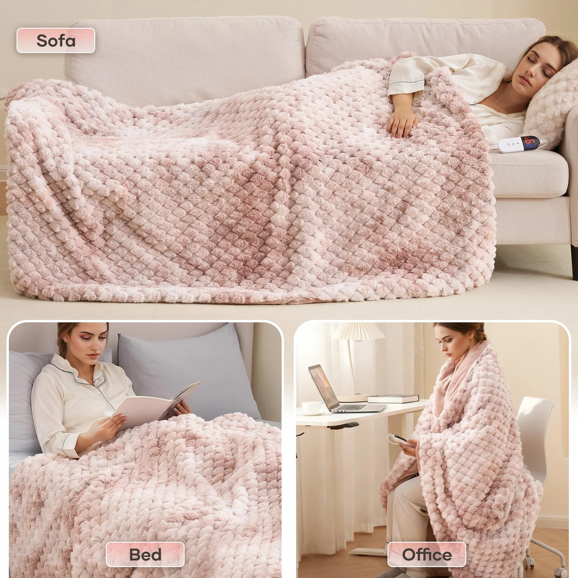 Elektryczny Koc Grzewczy 130x180 cm, 3D Kwiatowy Jacquard z Króliczym Futerkiem & Flanelą, 6 Poziomów Grzania & Auto Wyłączanie 1-10H, Prany w Praniu Maszynowym do Łóżka, Sofy, Biura (Różowy)