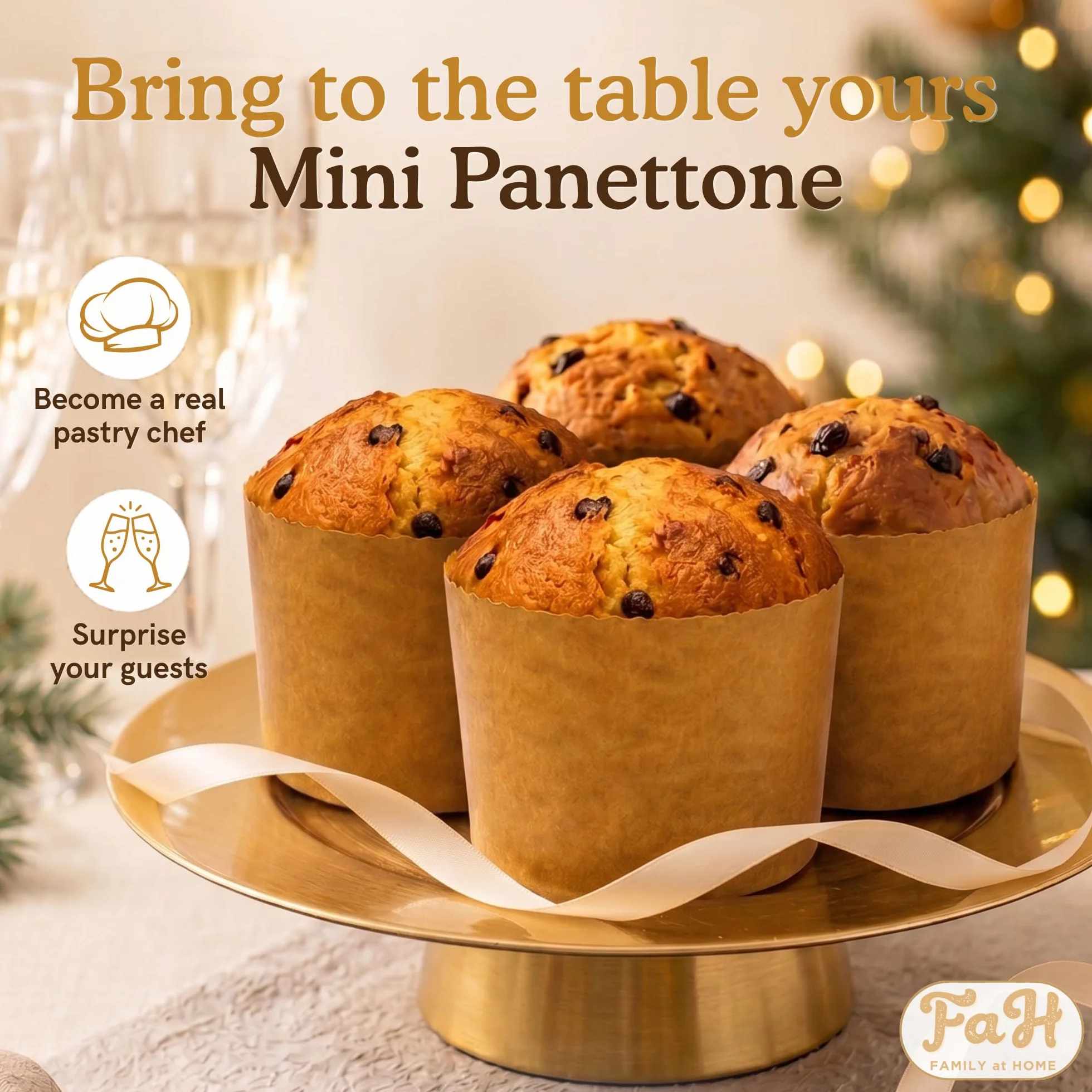 Mini formy Panettone wysoka (100 g - 50 sztuk), profesjonalny papier naturalny czysty celuloza o wysokiej gęstości, kalandrowane kształty do pieczenia dla pieczenia, odporne na ciepło 200°C