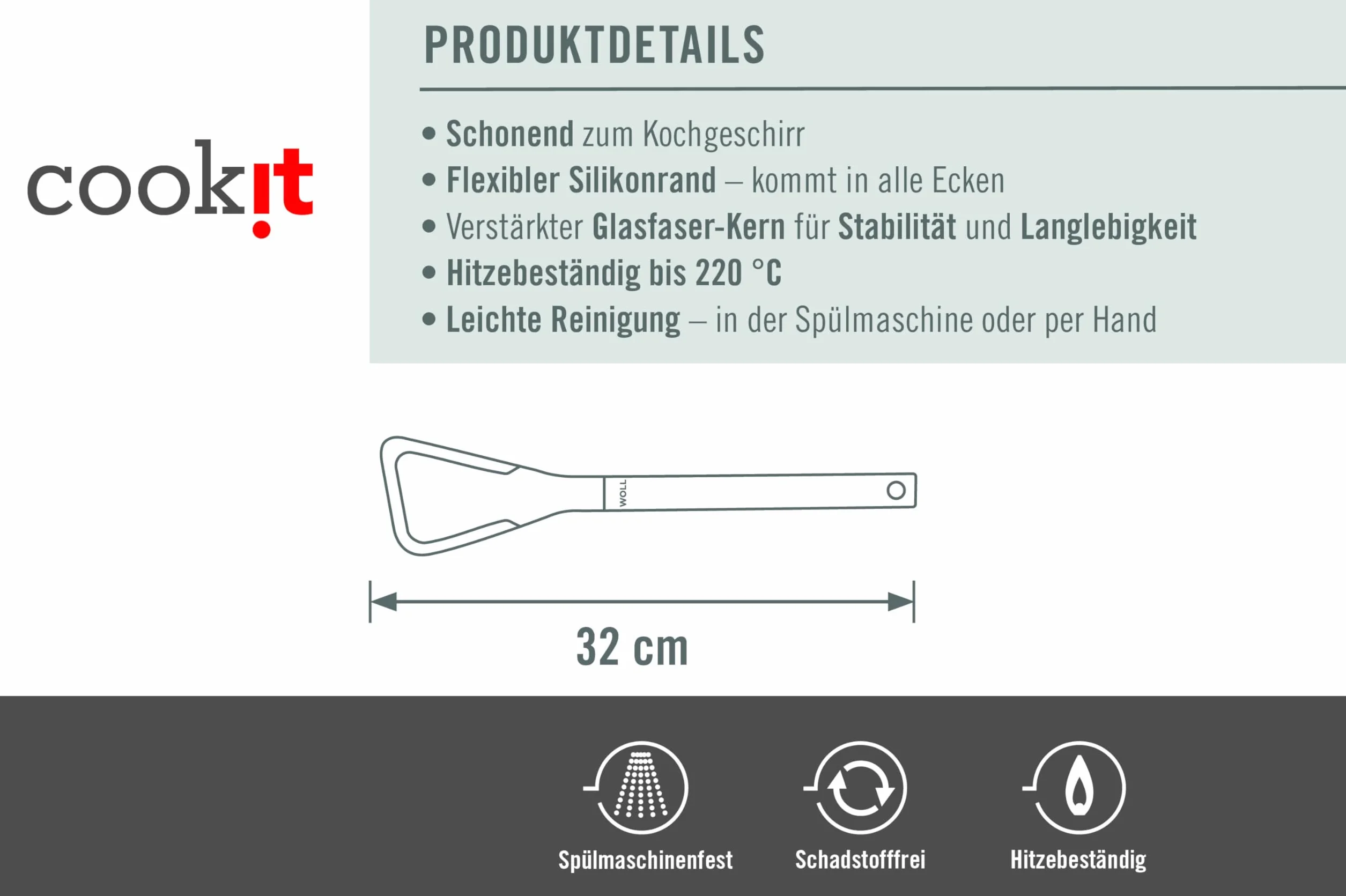 Woll Cook-It łopatka kuchenna z cienką, elastyczną silikonową wargą, 7 cm szerokości, 31,5 cm długości, szara, odporna na temperaturę do 220°, nadaje się do mycia w zmywarce