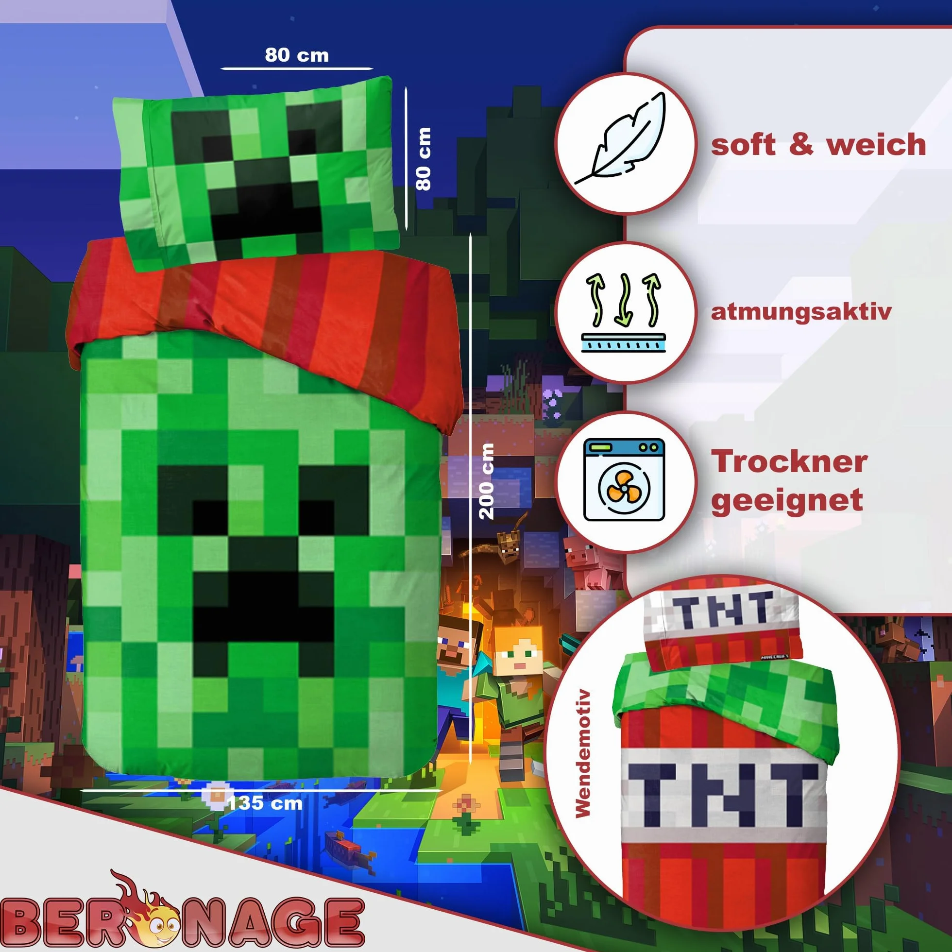 BERONAGE Dwustronna pościel z linii Minecraft Creeper TNT; 135 x 200 cm + 80 x 80 cm; 100% bawełna; jakość Renforcé; linon; pościel dla dzieci; motywy Crafting, Zombie, Enderman, Enderdrache, Szkielet