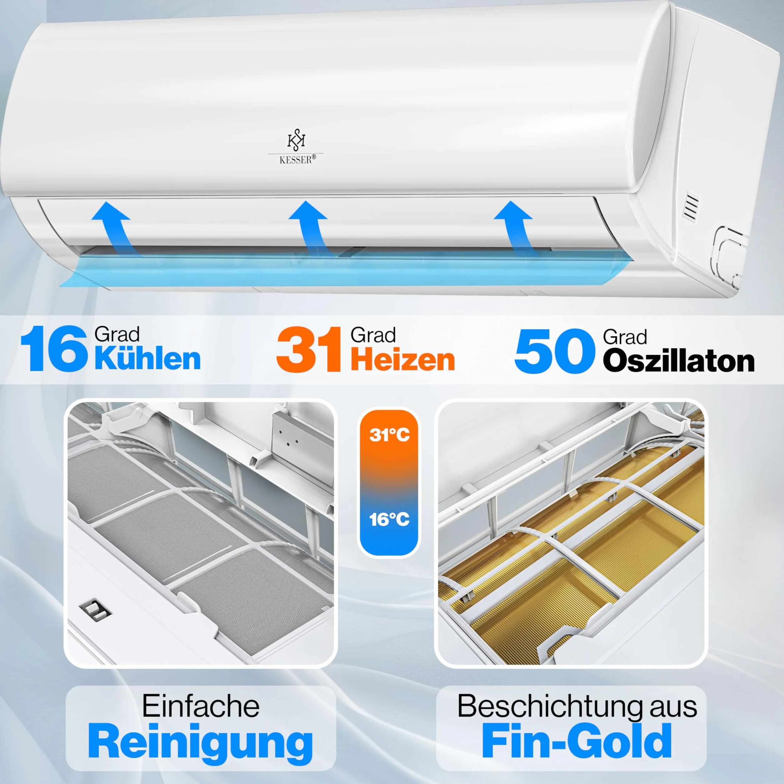 KESSER® Klimatyzator Split 12000 BTU – inteligentny klimatyzator, tryb ogrzewania i chłodzenia, klimatyzator ścienny z funkcją Wi-Fi/aplikacji, duża wydajność chłodzenia, osuszacz powietrza i