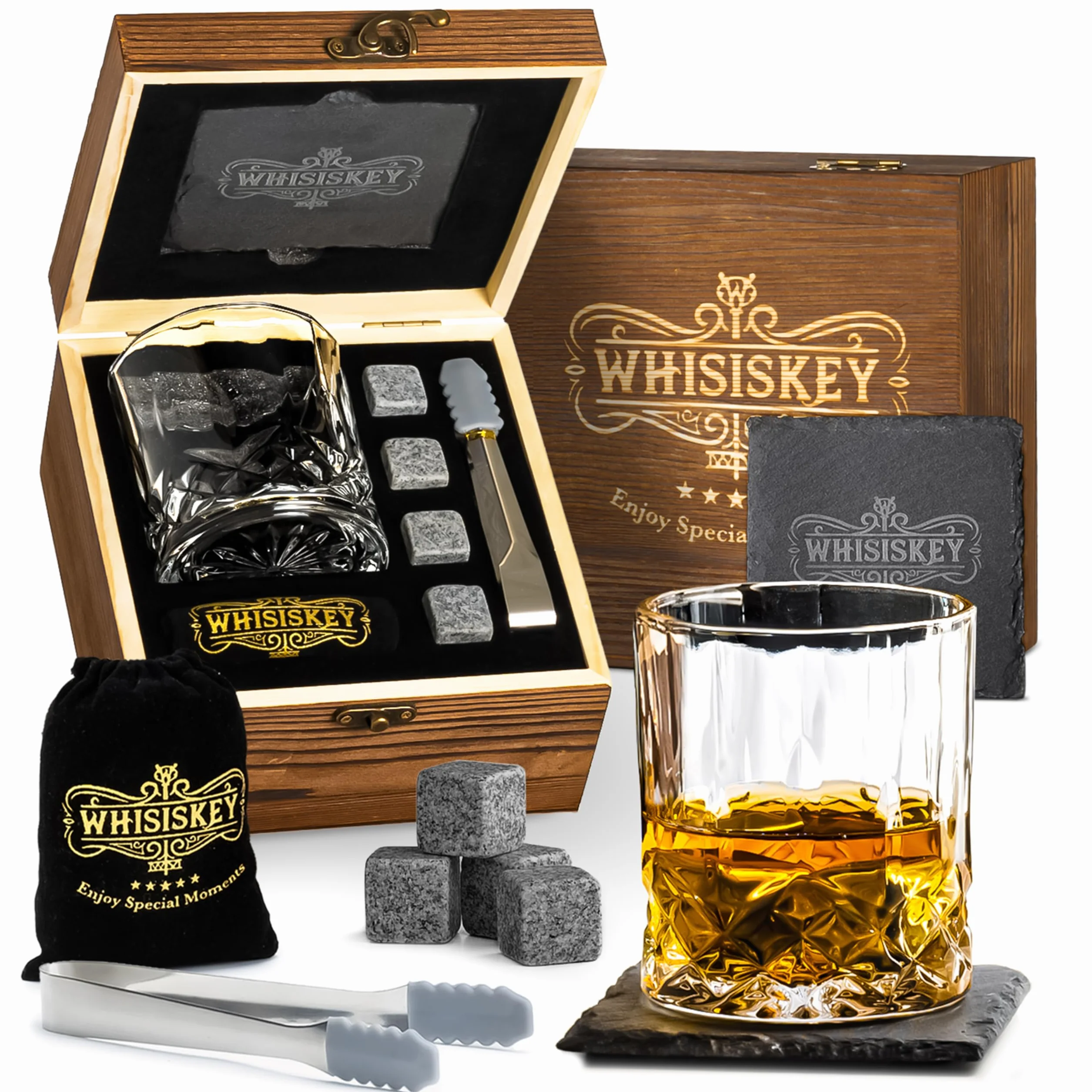 WHISISKEY Zestaw Szklanki do Whisky - Zestaw Prezentowy Whisky - Szklanek do Whiskey - Prezenty dla Mężczyzn - Pudełko Prezentowe, 1 Szklanki na Whisky 310ML, 4 Kamienie do Whisky, Akcesoria