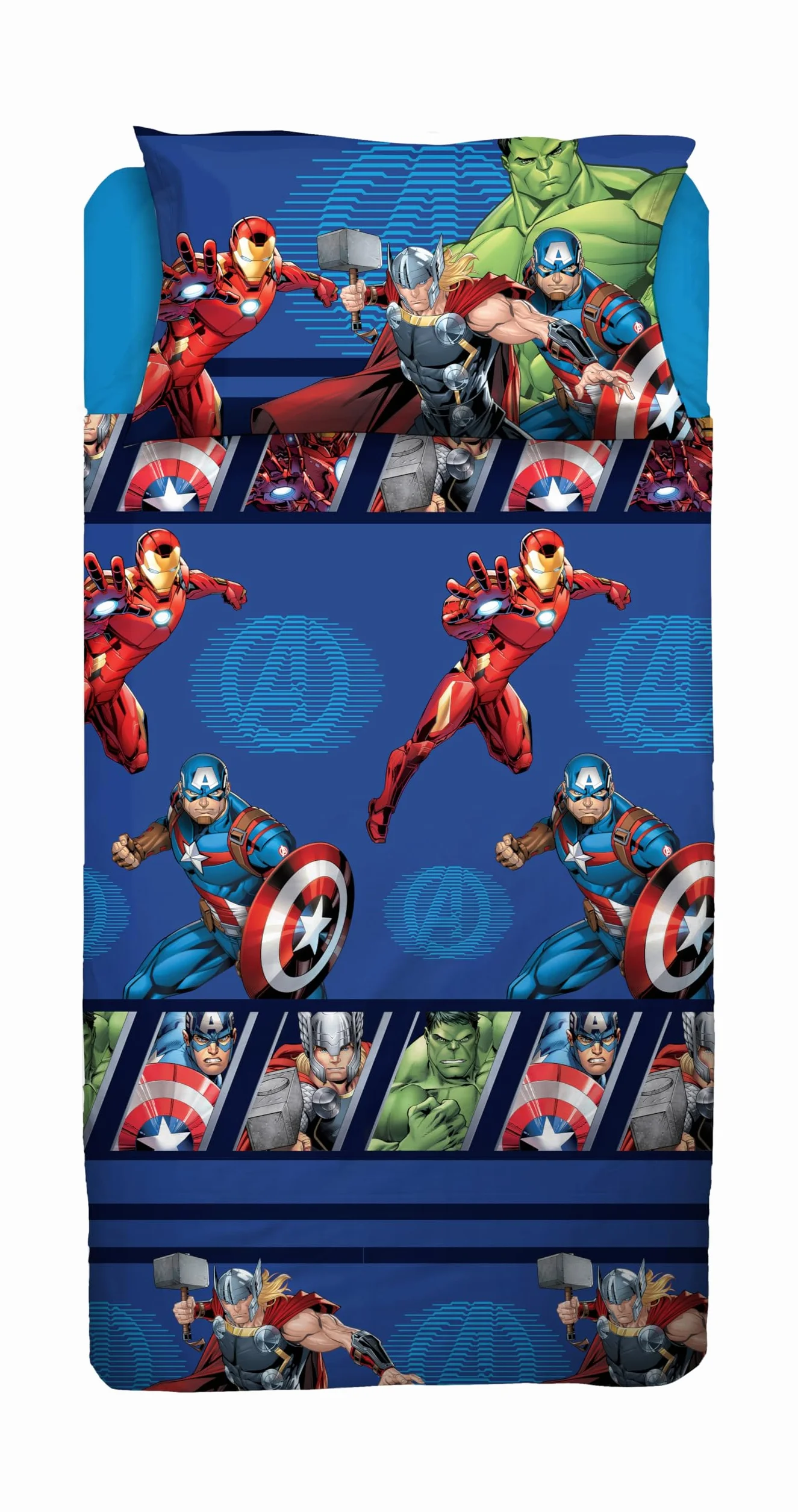 Avengers komplet pościeli Disneya Queen size, prześcieradło wierzchnie, prześcieradło wierzchnie, prześcieradło z gumką, poszewka na poduszkę, niebieski, Marvel, Disney, 100% bawełna, oficjalny