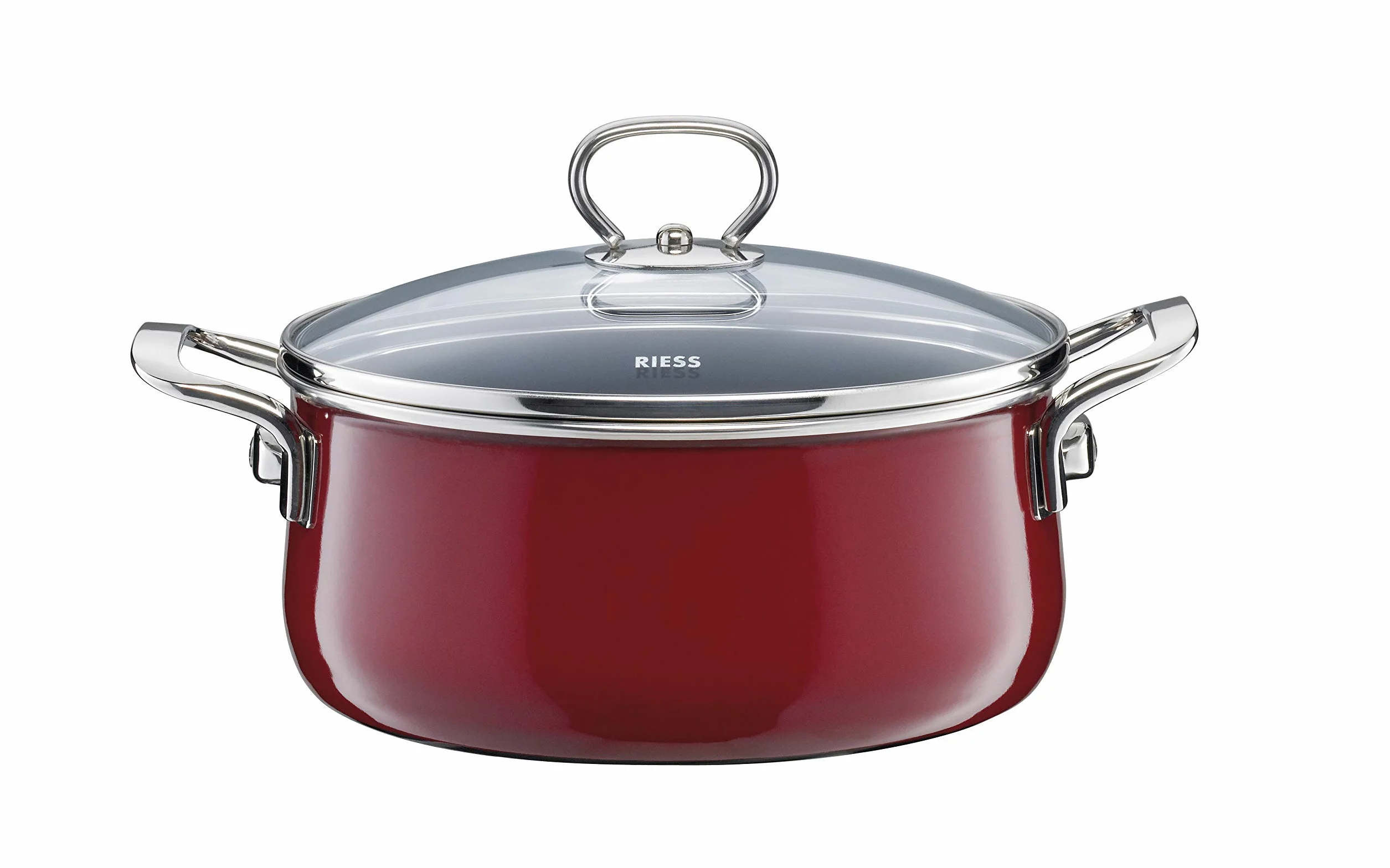 Riess, 0558-008, 5-częściowy zestaw emalii, NOUVELLE, ROSSO EXTRA MOK, składa się z: garnka do mięsa ze szklaną pokrywką 16, 20, 24 cm, rondel ze szklaną pokrywką 20 cm, patelnia emaliowana 28 cm