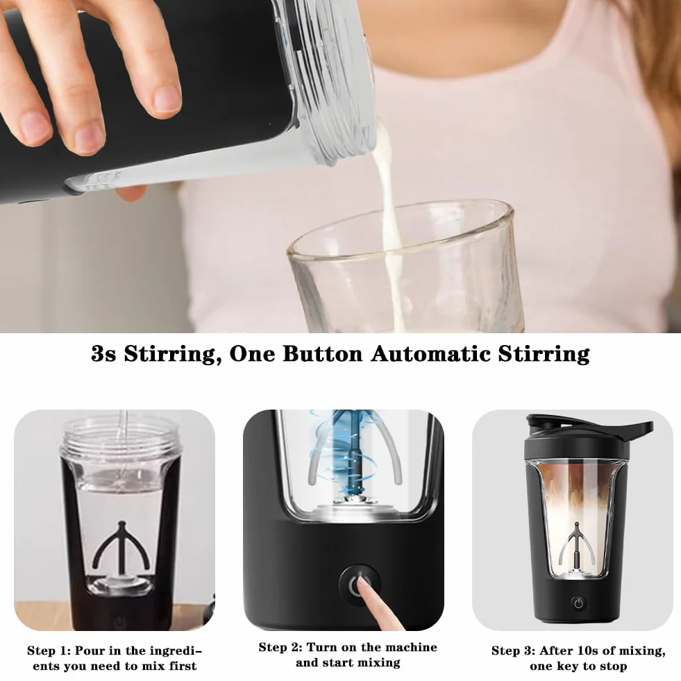 LOMUG Elektryczny shaker do białek 450 ml automatyczny mikser proteinowy ładowany USB czarny