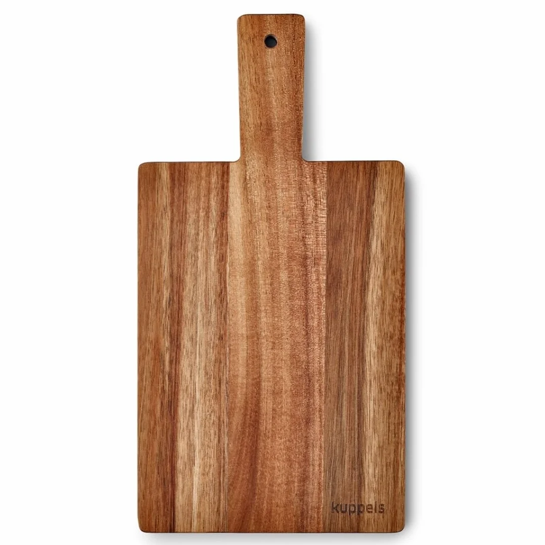 Kuppels NICE Deska do krojenia z drewna akacjowego, 35 x 18 x 1,5 cm, z uchwytem, nie niszczy ostrzy, drewniana deska do krojenia, deska do serwowania, deska do serwowania, drewniana deska do krojenia