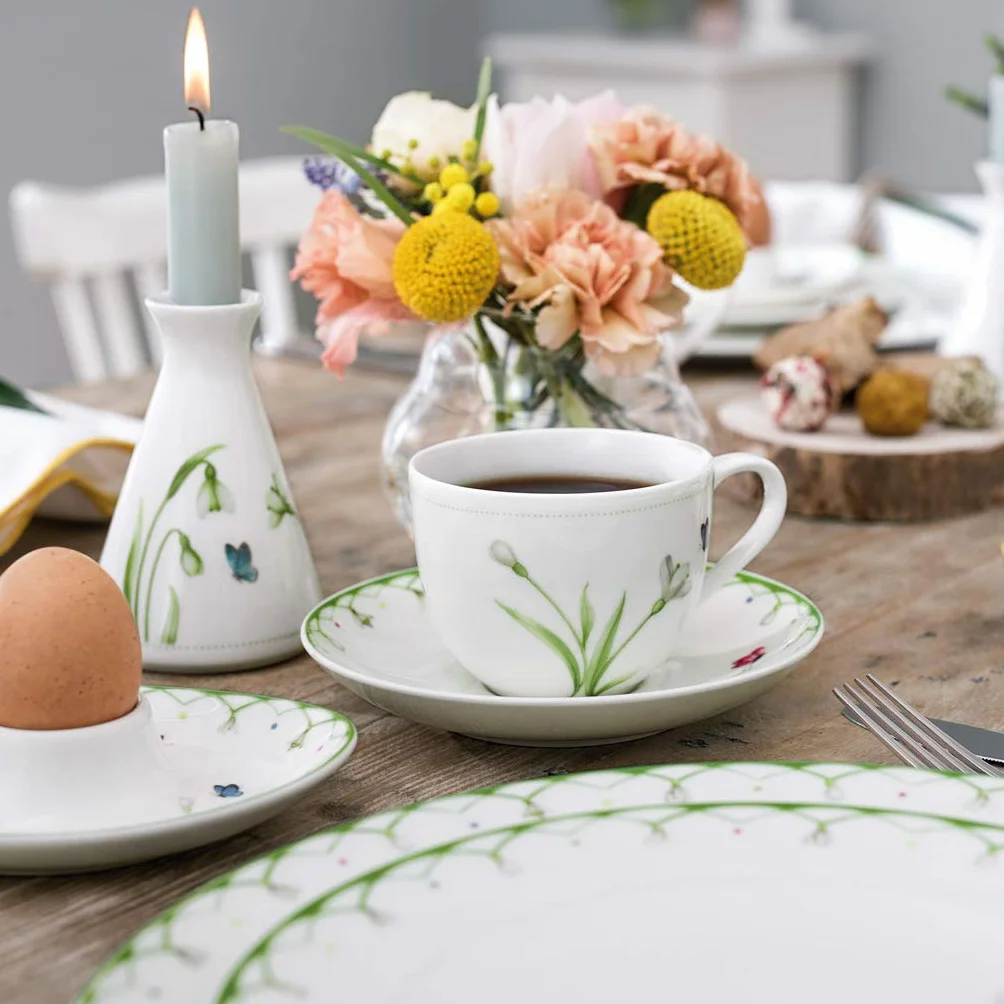 Villeroy & Boch Colourful Spring 18-częściowy serwis do kawy, talerze śniadaniowe (21,5 cm) i filiżanki do kawy ze spodkami (160 ml), dekoracja motyli i kwiatów, porcelana premium, kolorowy