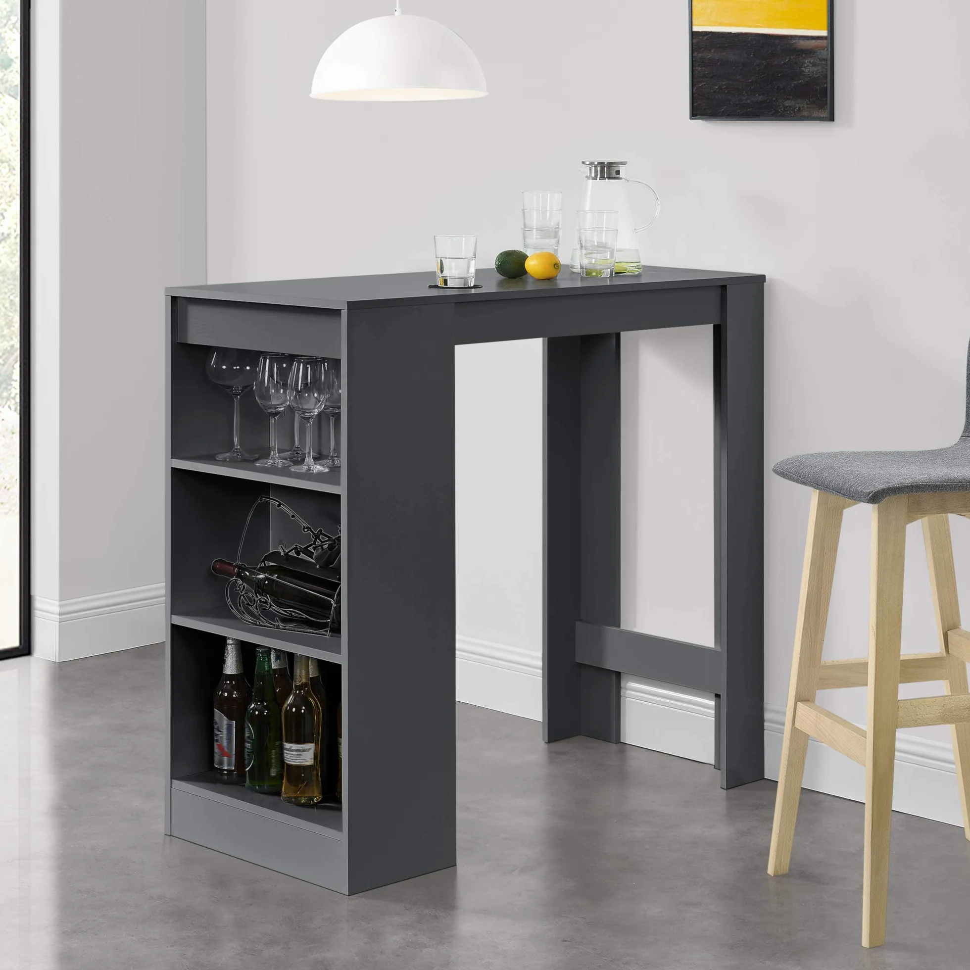 [en.casa] Stół barowy z wbudowanymi półkami, stół do jadalni, 110 x 50 x 103 cm, stolik barowy z 3 półkami, stolik barowy z 3 półkami, blat kuchenny, ciemnoszary