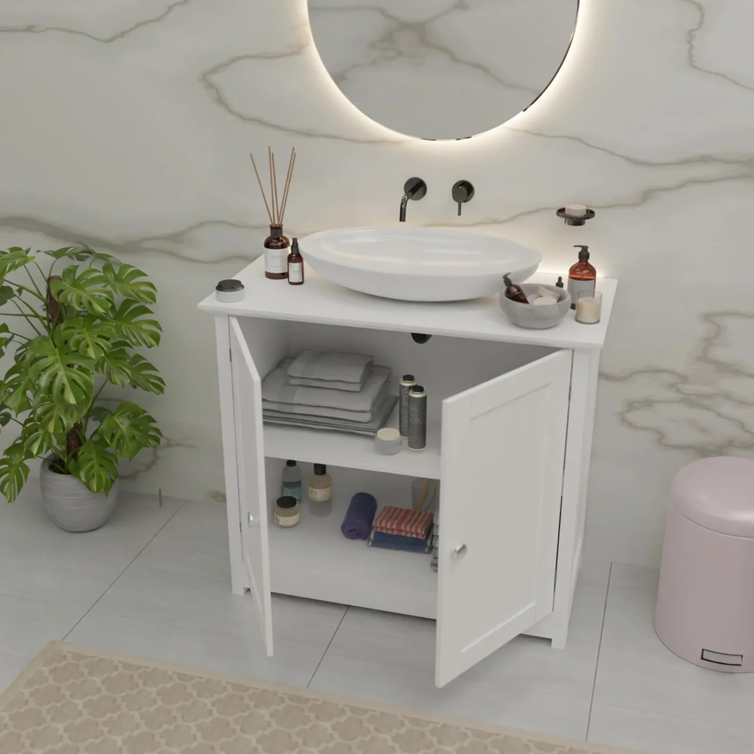 shelfmade szafka pod umywalkę w stylu rustykalnym – biała szafka łazienkowa (50 cm lub 60 cm szerokości) – szafka pod zlew z wycięciem na syfon – meble łazienkowe