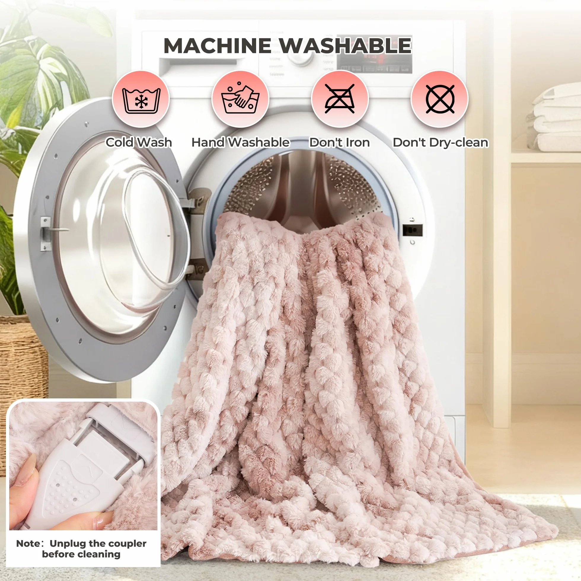 Elektryczny Koc Grzewczy 130x180 cm, 3D Kwiatowy Jacquard z Króliczym Futerkiem & Flanelą, 6 Poziomów Grzania & Auto Wyłączanie 1-10H, Prany w Praniu Maszynowym do Łóżka, Sofy, Biura (Różowy)