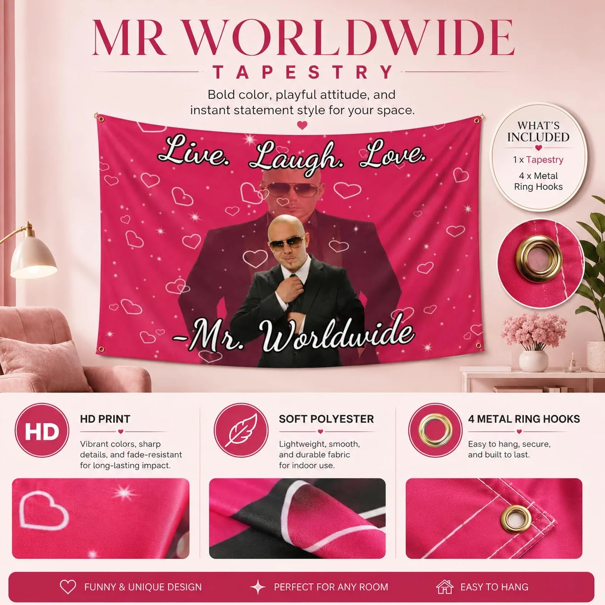 Myqiqi Mr Worldwide Gobelin, Live Laugh Love, zabawny gobelin z metalowymi haczykami pierścieniowymi do wewnątrz lub na zewnątrz, dekoracja ścienna (90 x 150 cm)