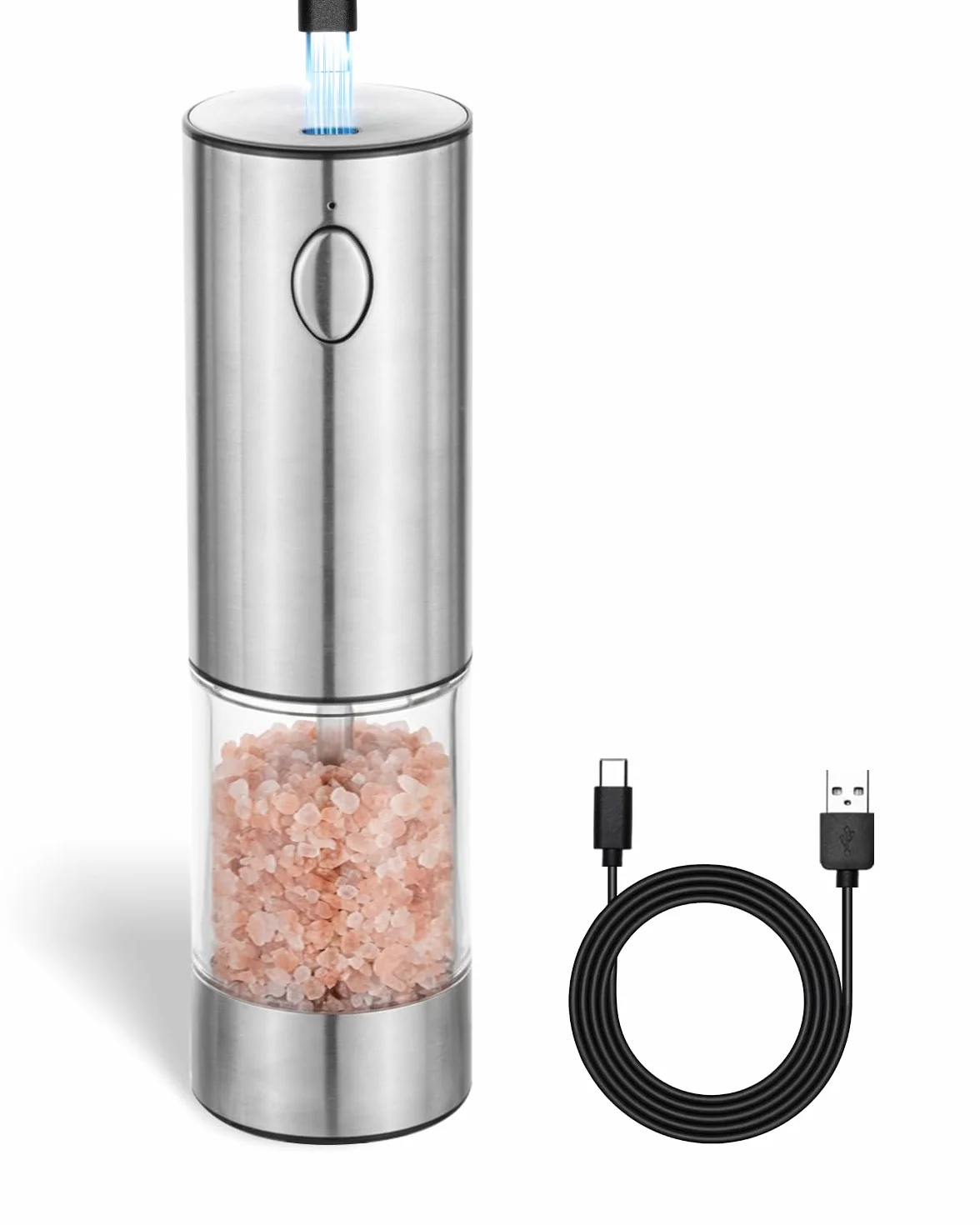 Elektryczny młynek do soli i pieprzu, bezstopniowa regulacja ceramicznego mechanizmu mielącego ze stali nierdzewnej, do ponownego ładowania przez USB, ze szczotką i okienkiem, srebrny