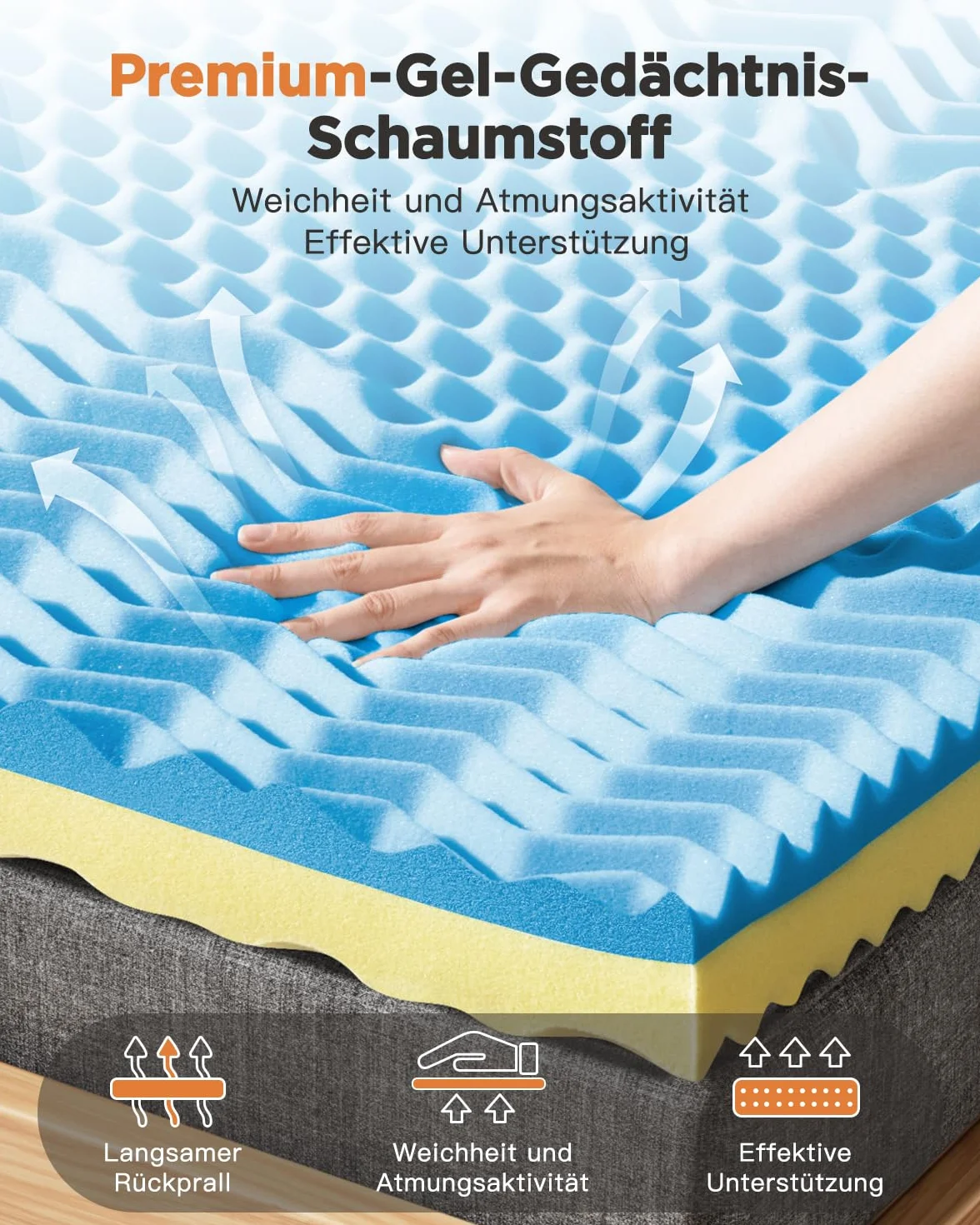 MISSCOZY Materac wierzchni 180 x 200 cm, wysokość 9 cm, nakładka na materac H2 i H3 z pianki żelowej z pamięcią kształtu, certyfikat Öko-Tex, do łóżka kontynentalnego, przyczepy kempingowej, sofy do