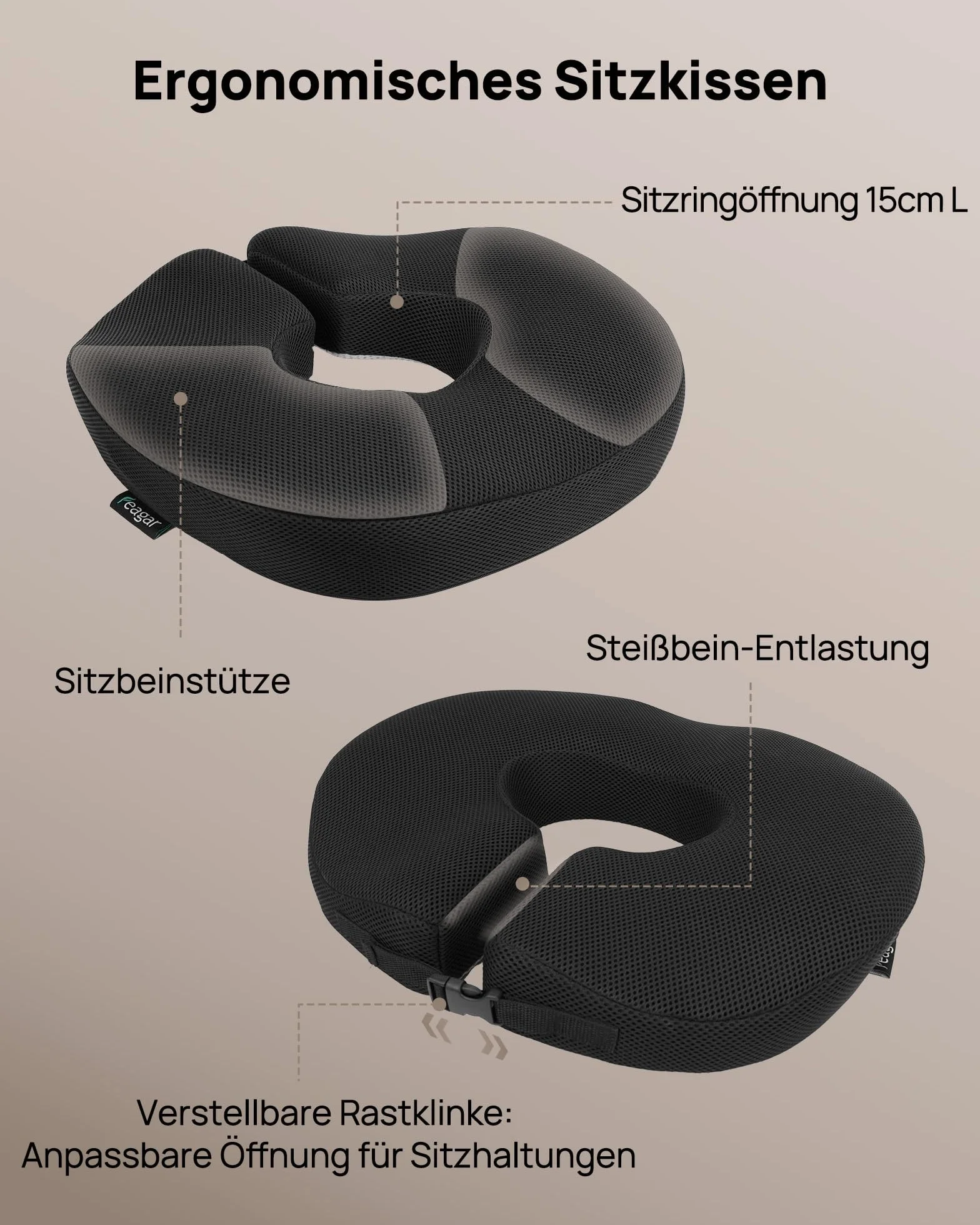 Feagar Poduszka do siedzenia – regulowany ortopedyczny pierścień do siedzenia, bardzo duża, ergonomiczna poduszka do kości ogonowej, na hemoroidy, rwę kulszową, poporodową, do samochodu, wózka