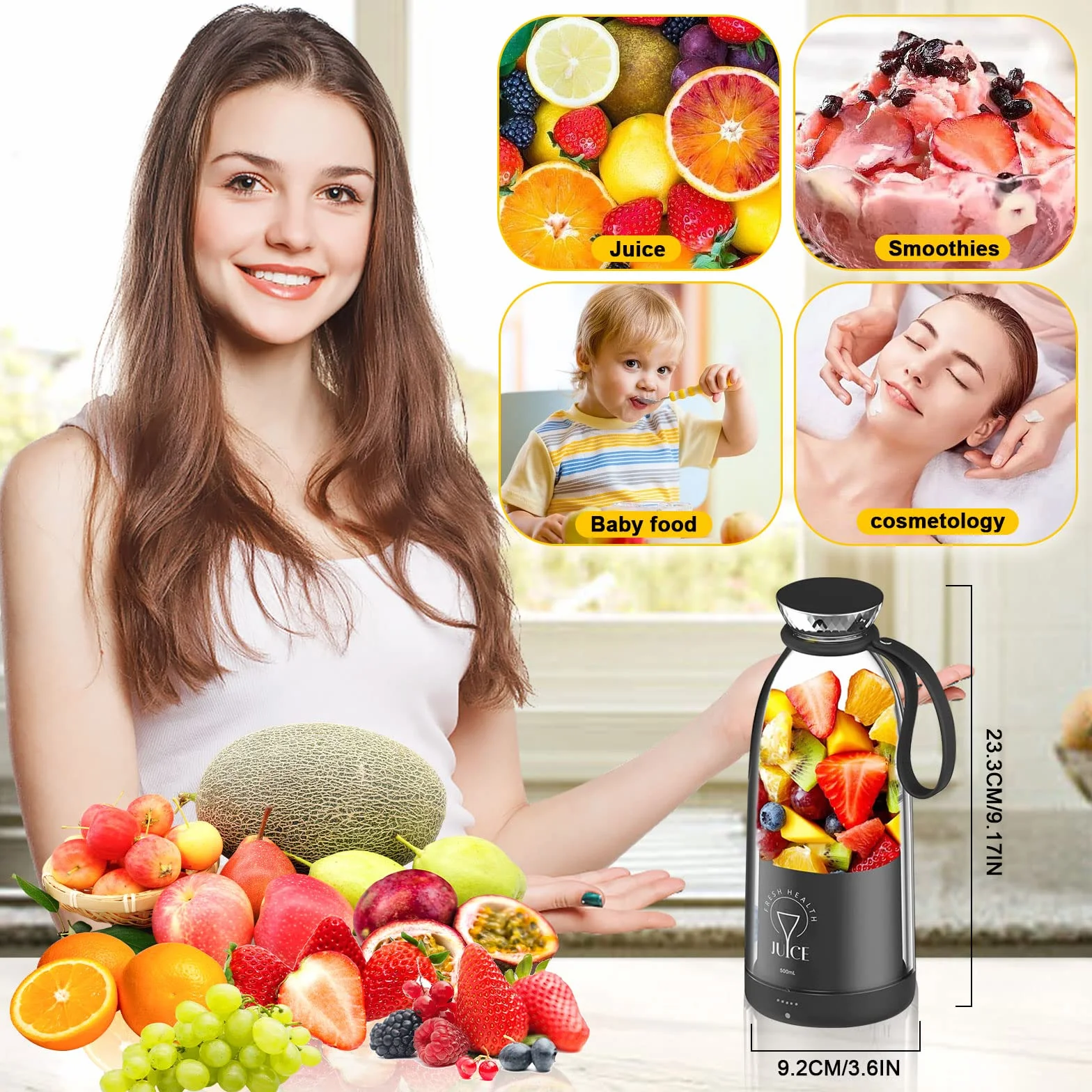 Mikser Smoothie Maker To Go,500 ml, przenośny mikser do ponownego ładowania, wielofunkcyjny mikser osobisty z 6 ostrzami ze stali nierdzewnej, butelka Fresh Juice do shakesów, soków, smoothie, podróży